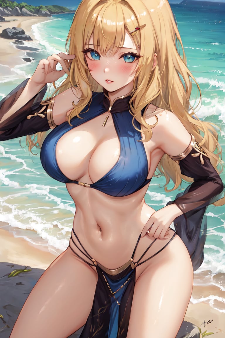 1girl, blonde hair, green eyes, blush, lips, blue eyes,  dancer lingerie, pelvic curtain, see-through, detached sleeves, curvy, helmet, perfect proportions, beach, 