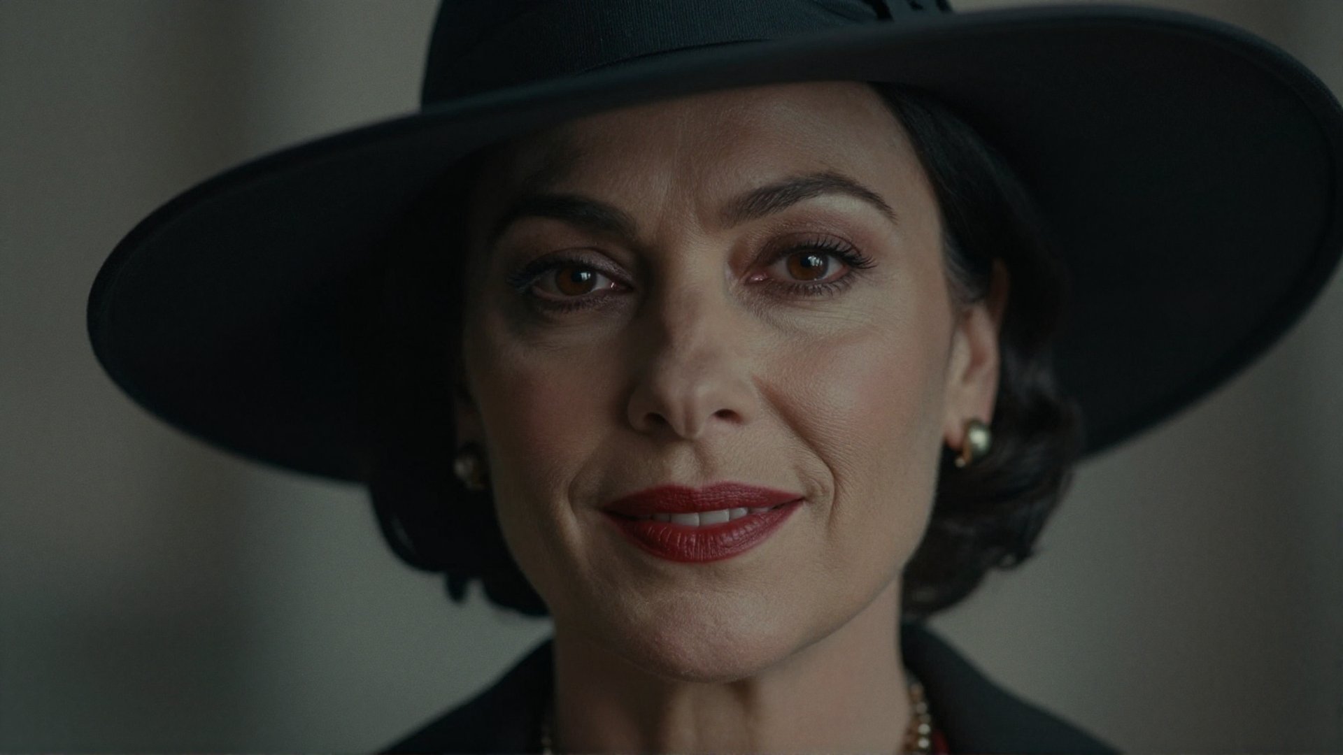cinematic film still of Alcina Dimitrescu a closeup on a face of a mature staring woman with a hat and a red lipstick,  pe...