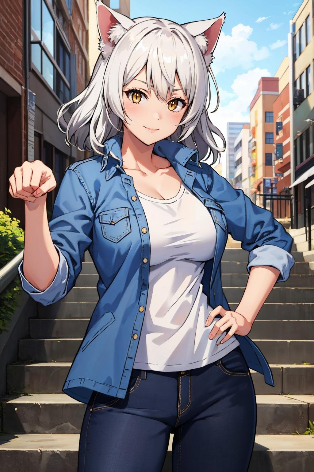 masterpiece, best quality, <lora:blkhanekawa-nvwls-v1-000009:0.9> blkhanekawa, short hair, cat ears, slit pupils, large breasts, blue jacket, white shirt, jeans, outdoors, stairs, cityscape, looking at viewer, paw pose, smile, hand to hip, cowboy shot