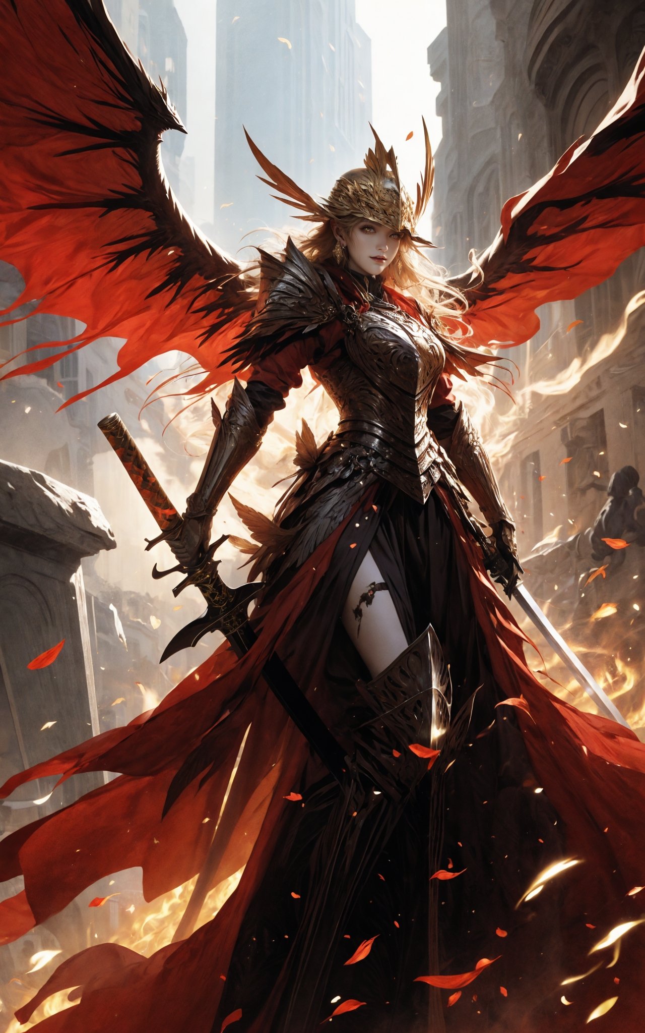 1girl，solo，jewelry，earrings，helmet，holding weapon，holding sword，Malenia in Elden Ring, dragon scale hat, in the style of epic fantasy scenes, gold and crimson,golden helmet,ritualistic masks with gold wings spread on it, mythical,Petals drift around her as her once-pristine form undergoes a graceful decay,glowing crimson eyes,in the underground cave with light shooting through the hole on the top,32k uhd,   painted by MichaelCTY(Chang Ting Yu),medieval knight armor,in the style of Dark SoulⅢ,painted by hamaya and macros,dark fantasy,majestic attire,captivating light,solarizing master,strong emotional impact,majestic figures，<lora:绪儿-女武神 winged helmet:0.8>