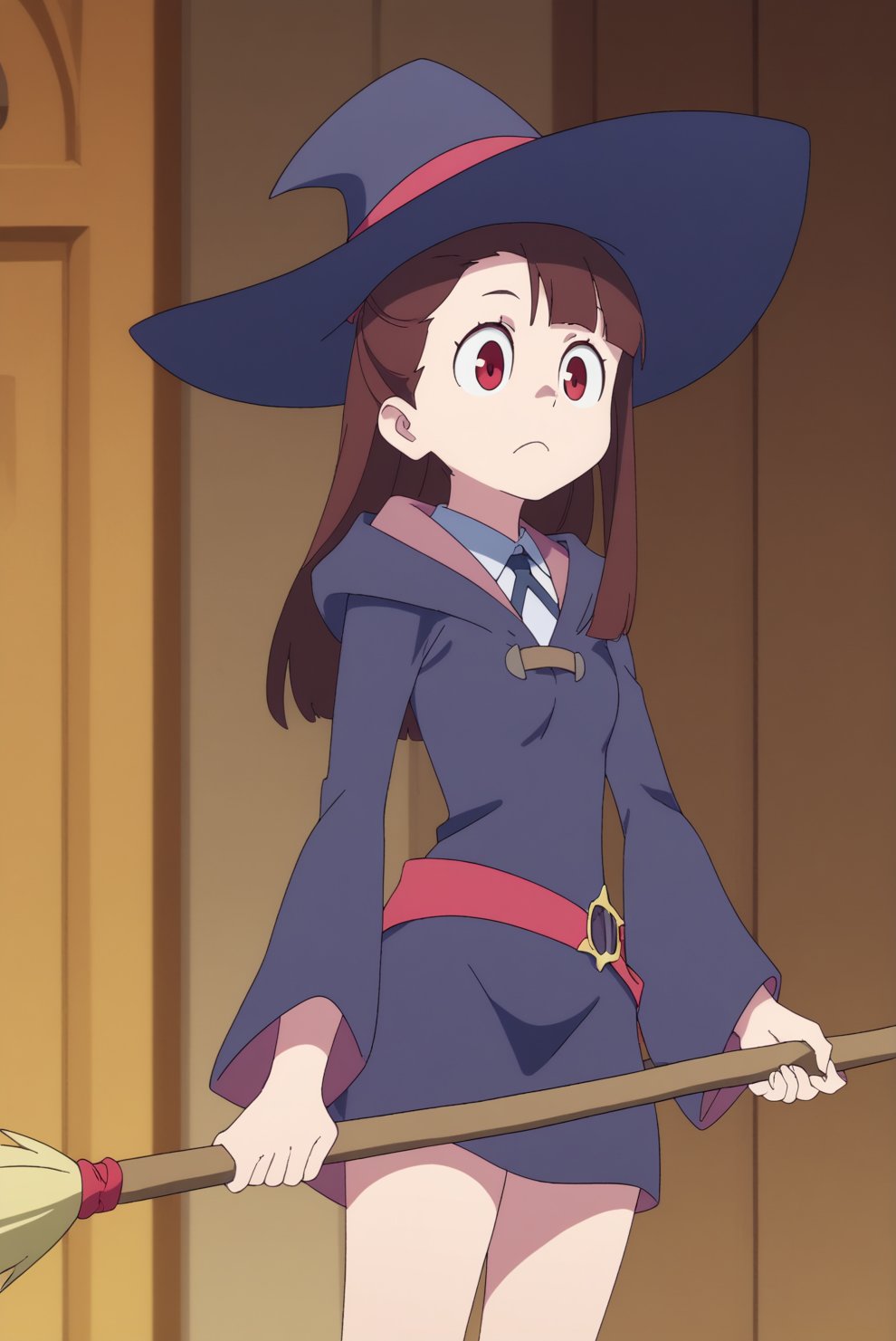 Atsuko_Kagari, solo, broom riding, witch, witch hat <lora:Little_Witch_Academia-Atsuko_Kagari-PDXL:0.8>