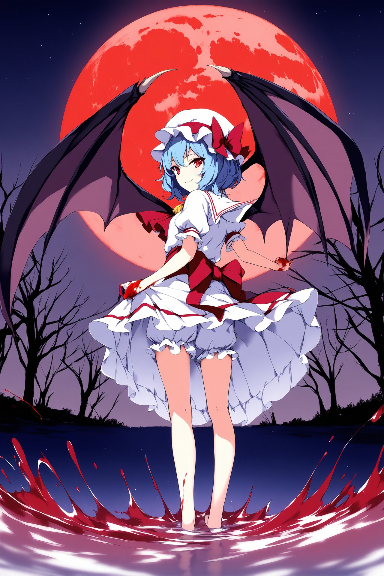 (masterpiece),(best quality),illustration,ultra detailed,hdr,Depth of field,(colorful),Artist  ke-ta,1girl,ascot,bare tree,barefoot,bat wings,best quality,blood,blood on hands,bloomers,blue hair,frills,from behind,full body,full moon,hat,hat ribbon,looking at viewer,looking back,mob cap,moon,night,night sky,outdoors,pool of blood,puffy short sleeves,puffy sleeves,red eyes,red moon,red ribbon,remilia scarlet,ribbon,sash,shirt,short hair,short sleeves,skirt,skirt set,sky,smile,solo,standing,standing on liquid,star (sky),starry sky,tree,underwear,water,white bloomers,white skirt,wings,