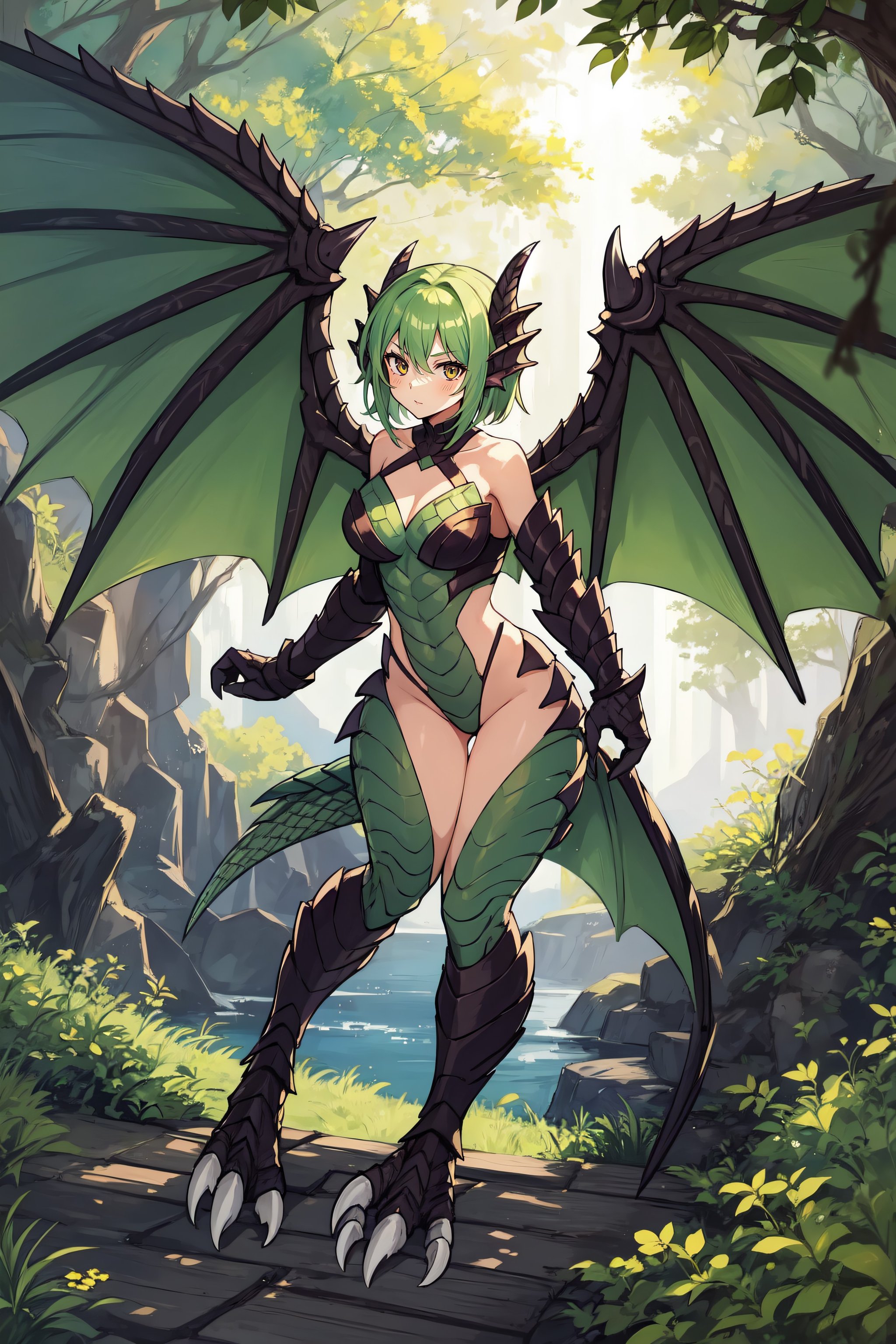 1girl, dragon girl, scales, talons, dragon wings,  full body, outdoors