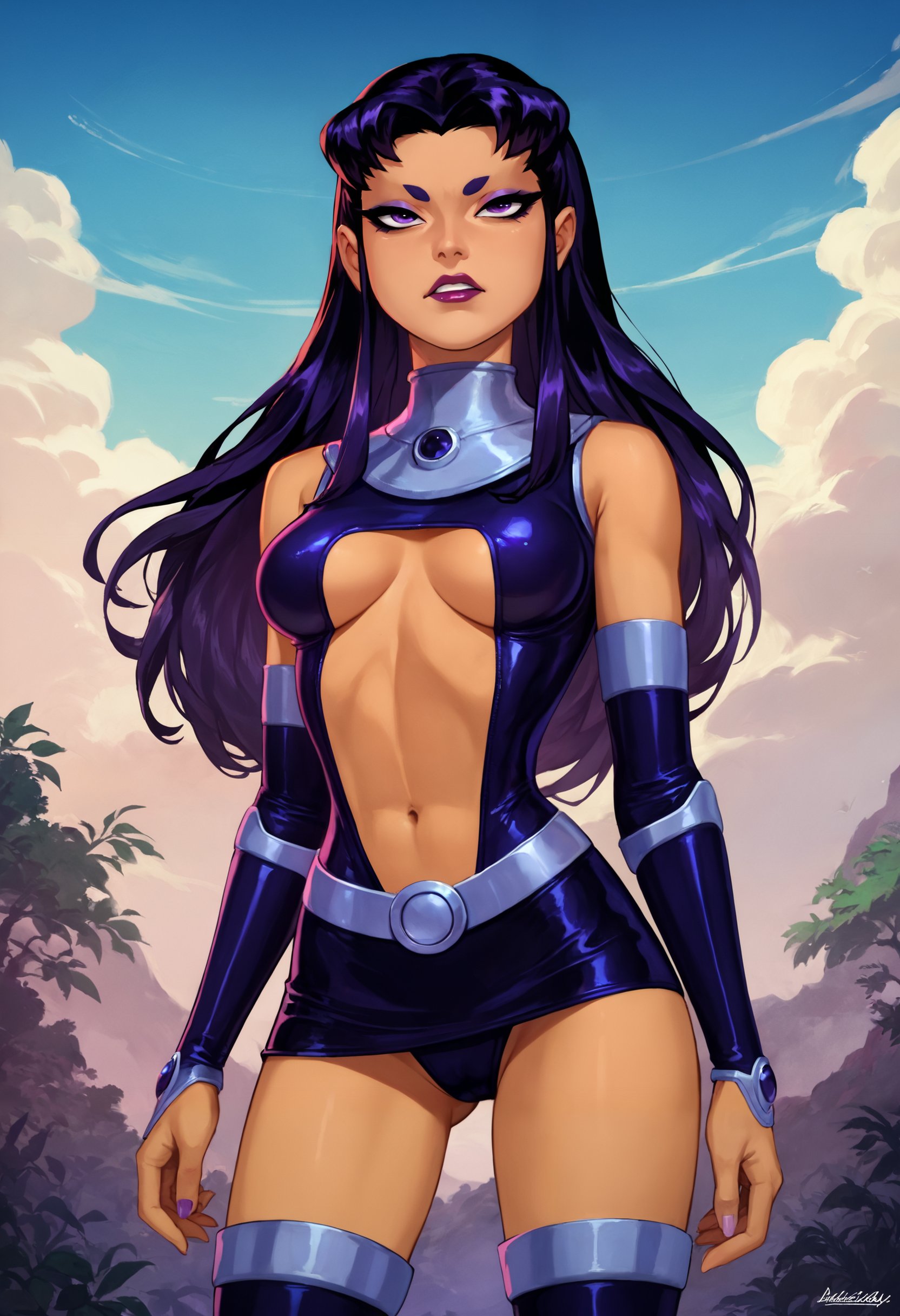 zPDXL, source_anime, 1girl, blackfire, makeup, lipstick, latex princess, breasts apart, bodysuit, thigh boots,standing, cowboy shot, thighs, outdoors, blue sky, <lora:blackfire-guy-PONYv1:0.8>  <lora:latex-princess-ot6-1560:0.6>