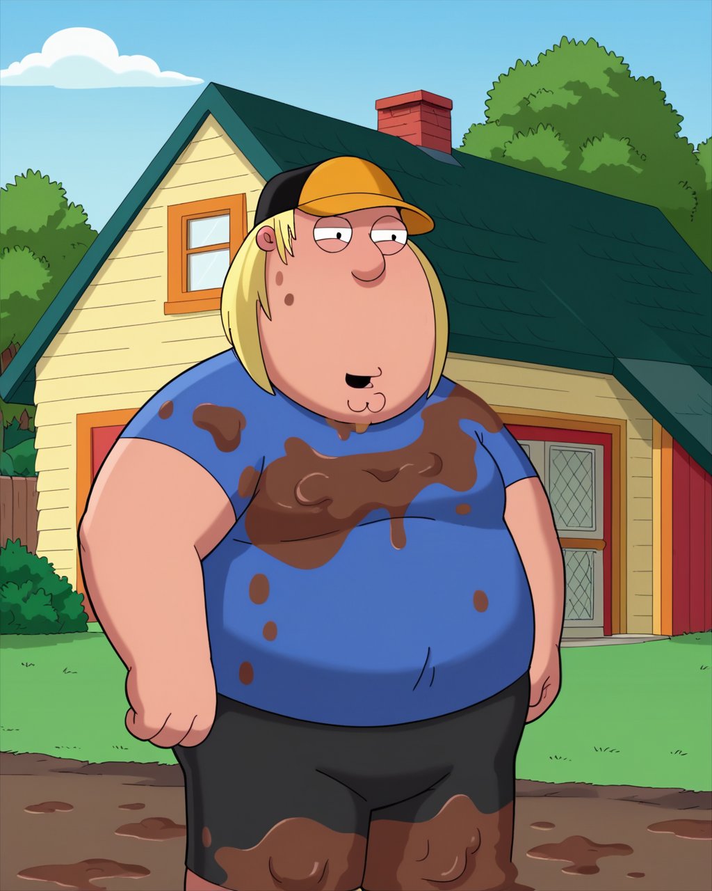 score_9, score_8_up, score_7_up, zPDXL,   <lora:FamilyGuy_style_PDXL:0.95>source_cartoon, familyguystyle, 2d, circle eyes,1boy, chris griffin, cleft chin, blonde hair, blue shirt, baseball cap, covered in mud, backyard, yellow house, smiling, fat boy