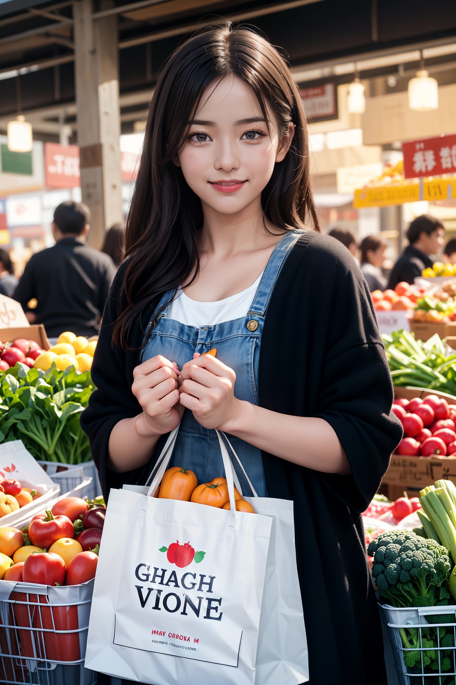 Cinematic still of girl holding shopping bag full of vegetables with paws, shopping with smile in a market. . Shallow depth of field, vignette, highly detailed, high budget, bokeh, Cinemascope, moody, epic, gorgeous, film grain, grainy