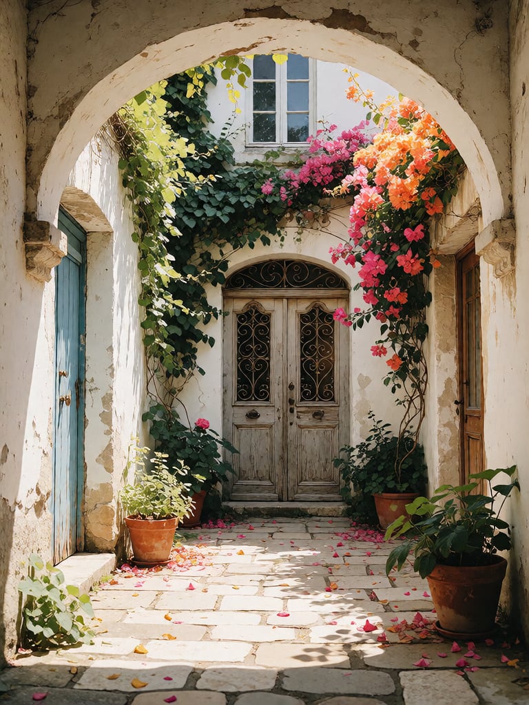 Bradhamel art style. A sun-dappled cobblestone alleyway framed by a weathered white stone archway,  lush green ivy and vib...