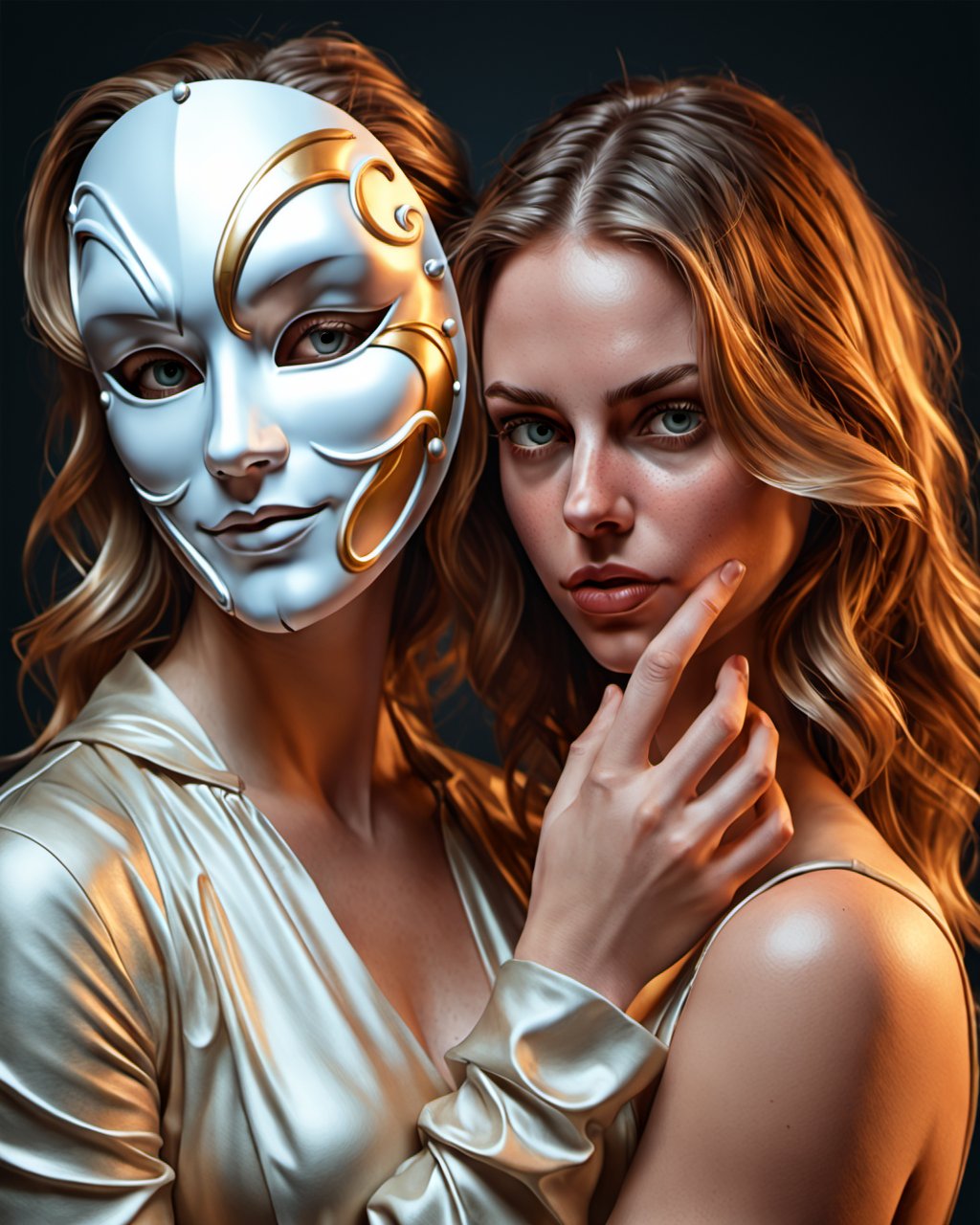 Michelangelo and Stanley Artgerm, digital art illustration, the girl hides her face behind a theatrical mask, emotive faces, free brushwork, gongbi, ritualistic masks, flat shading, elegant subjects, darkly romantic illustrations, unreal engine 5, *.png, transparent background