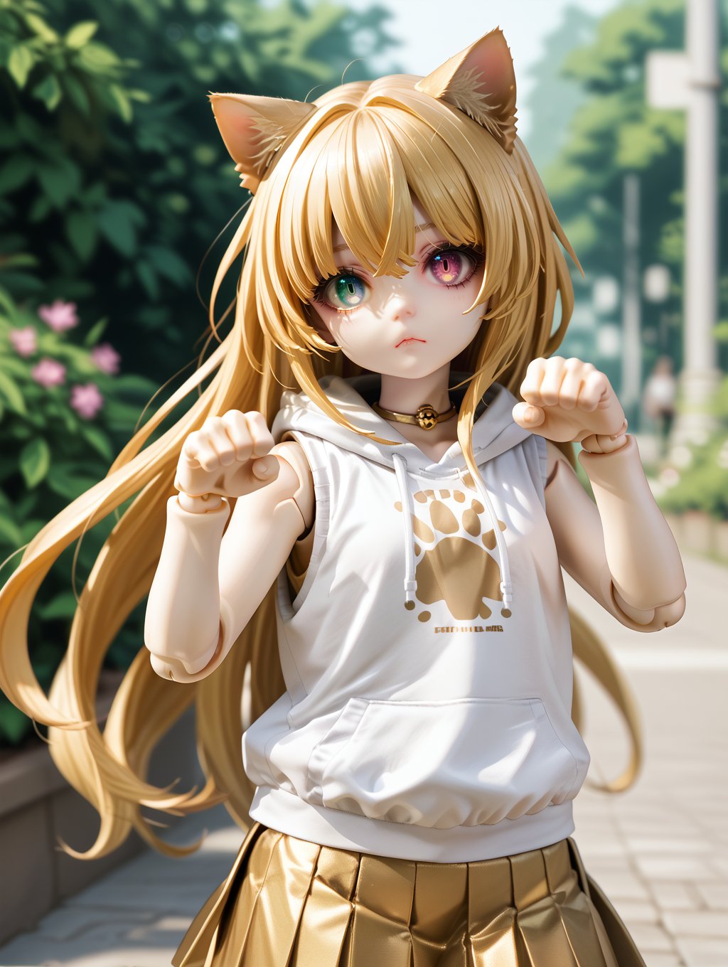 score_9, score_8_up, score_7_up,doll, joints, 1girl,very long hair, gold hair, heterochromia, eye reflection, paw pose, cat ears, pleated skirt, sleeveless hoodie, outdoors,  