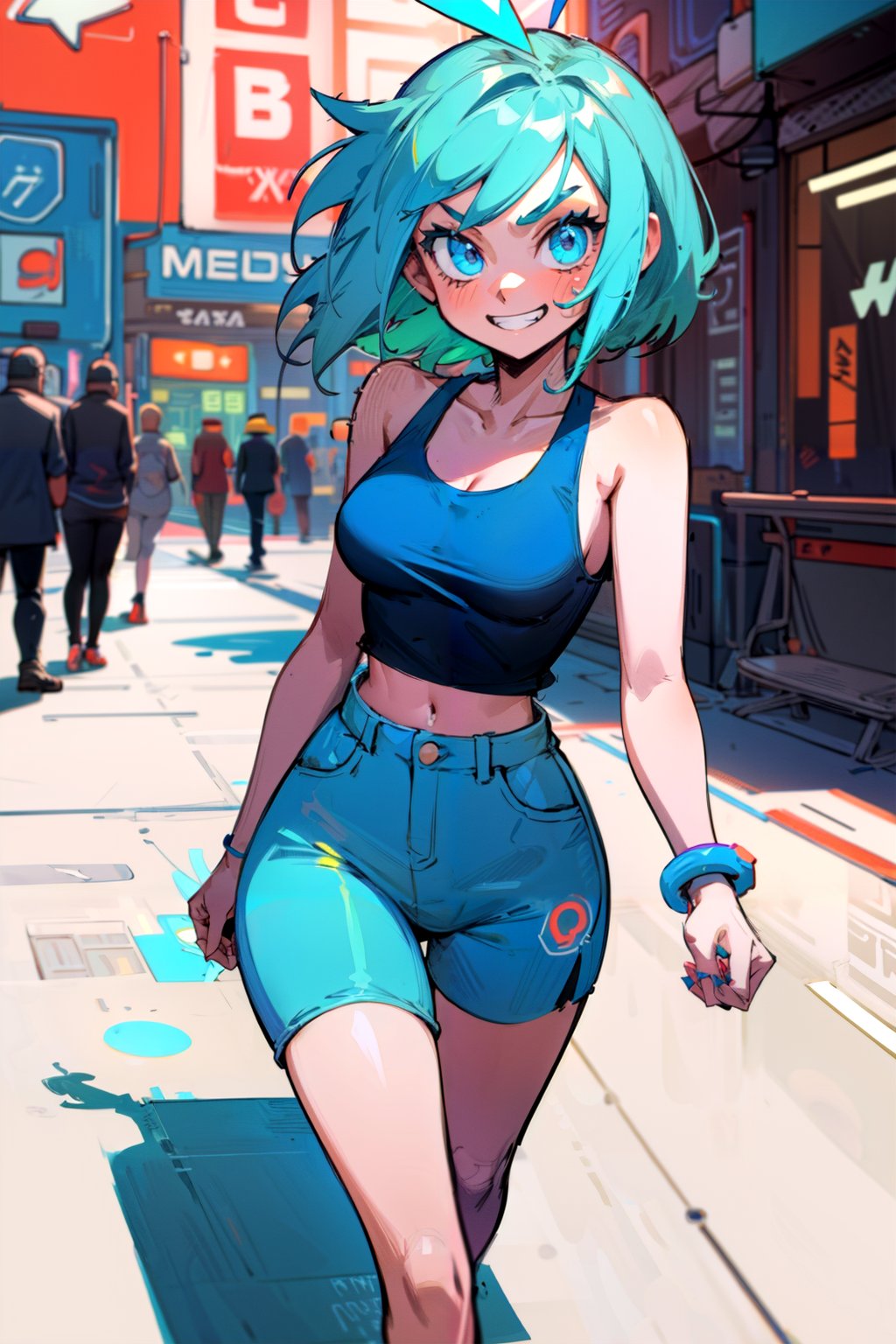 (medium shot:1.4), 1girl, green hair, tank top, grin smile, fashion model, looking at viewer,walking in city street, crowded street, out of focus background,(blue neon_pop art style:1.4),  <lora:thicc_v2.3:1.6>,  <lora:add_detail:0.8>