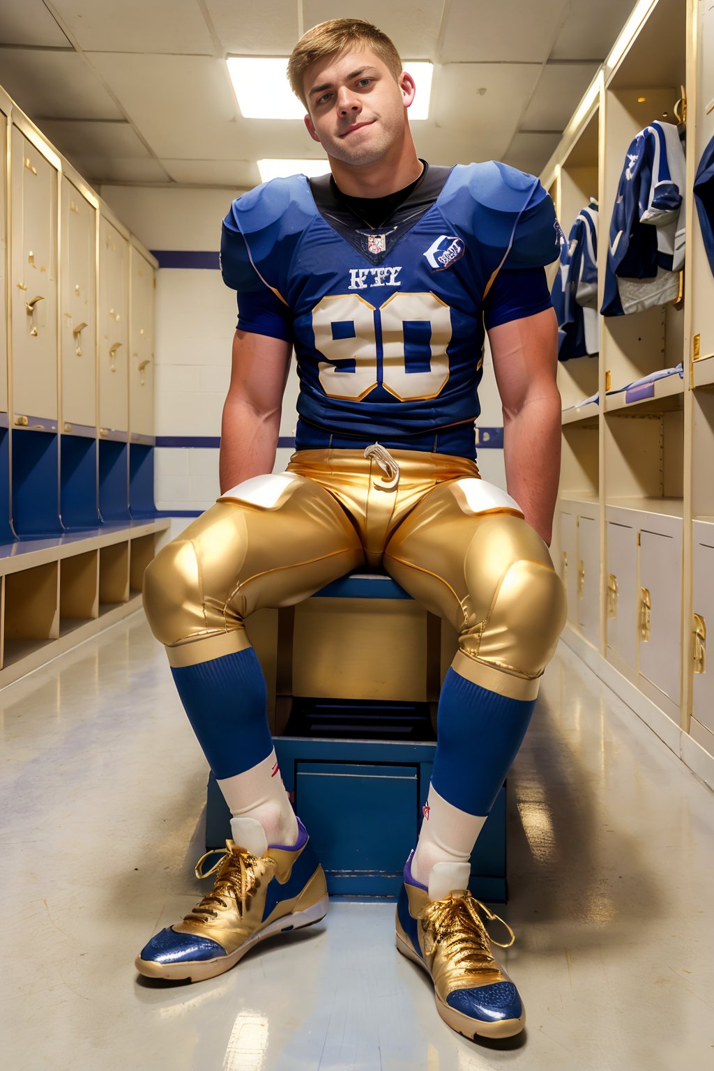 locker room,  sitting on a bench,  in front of lockers by txhorn75 on Tensor.Art