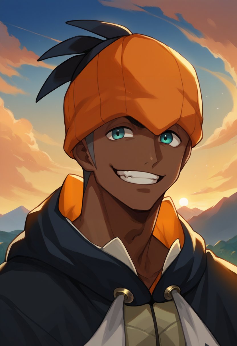 score_9, score_8_up, source_anime, solo, 1boy, male focus, <lora:raihanXL:1>, dark-skinned male,  detailed background, raihan_hat, hoodie, close-up, upper teeth only, upper body, smile, detailed face, grin, sunset, outdoors, mountains, orange headwear, 