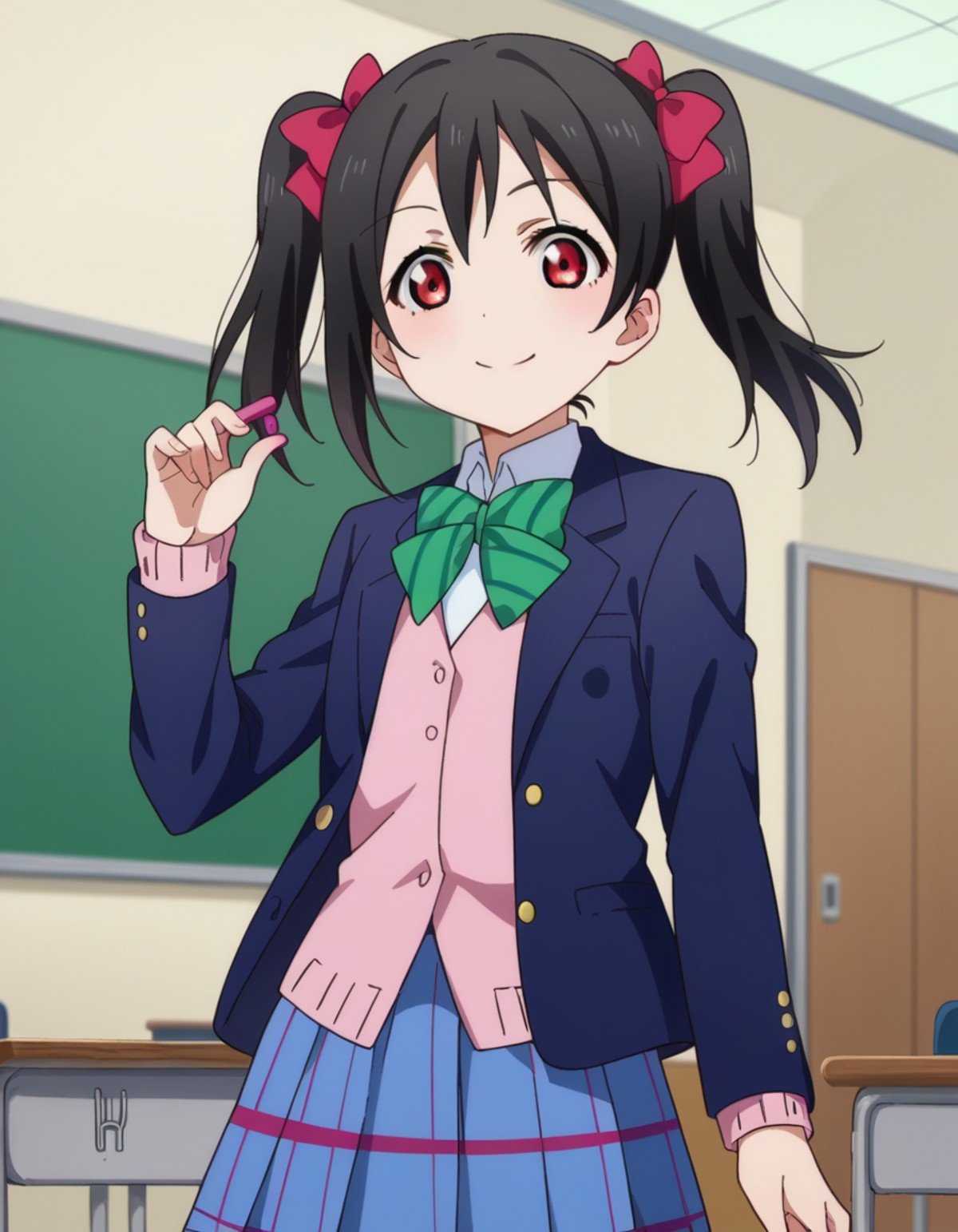 score_9, score_8_up, score_7_up, source_anime,nikoyazawa, <lora:nico-yazawa-s1-ponyxl-lora-nochekaiser:1>,niko yazawa, black hair, red eyes, bow, twintails, hair bow,skirt, school uniform, jacket, blazer, winter uniform, otonokizaka school uniform,indoors, classroom, smile,looking at viewer, cowboy shot, dutch angle,