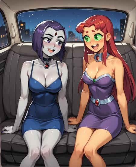 score_9, score_8_up, score_7_up, source_anime BREAK 2girls, from front, sitting, breasts, dress, medium breasts, perky breasts, cleavage, car interior, hetero, night, <lora:Car_back_seat_front_view:1>, smile, blush, laughing, open mouth, talking, raven (dc), starfire, colored skin, bare shoulders, bare arms, choker, rating_questionable