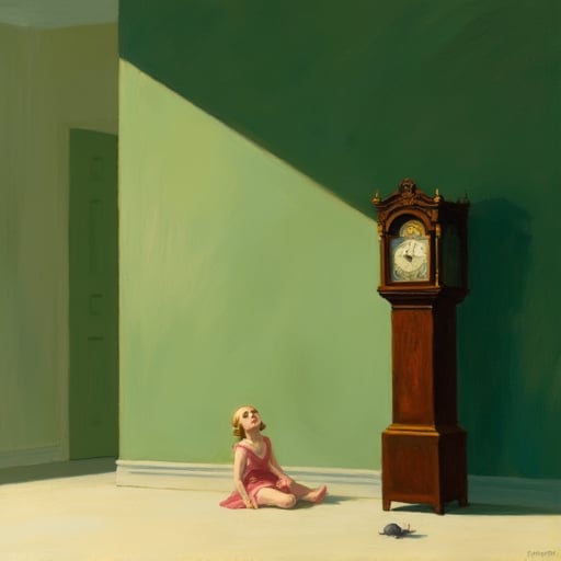 An EdwardH0pp3r style painting of a little girl in a pink dress, sitting on the floor in the middle of an empty room, she is looking up at a grandfather clock that is the only object in the room. One wall is light green, one wall is dark green, The emphasis is on the shadows created by the clock that cover the little girl, and the girl's shadow that covers a little mouse on the floor next to her.