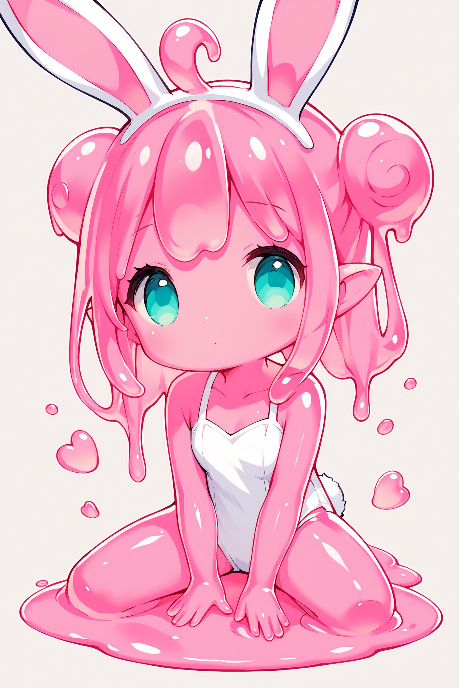 score_9, score_8_up, score_7_up,(pink slime girl),colored skin,cocoart,simple art,chibi,1girl(bunny ears),pink hair,double bun,aqua eyes,short pointy_ears,wariza,sit on ground,hand on ground,leaning forward,spread legs,ahoge,tilt head