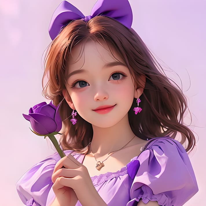 A girl,lovely,purple bow,purple T-shirt,holding a rose in her hand,sweet smile,wink,close one eye,lovely <lora:20240519-1716124455960:0.7>