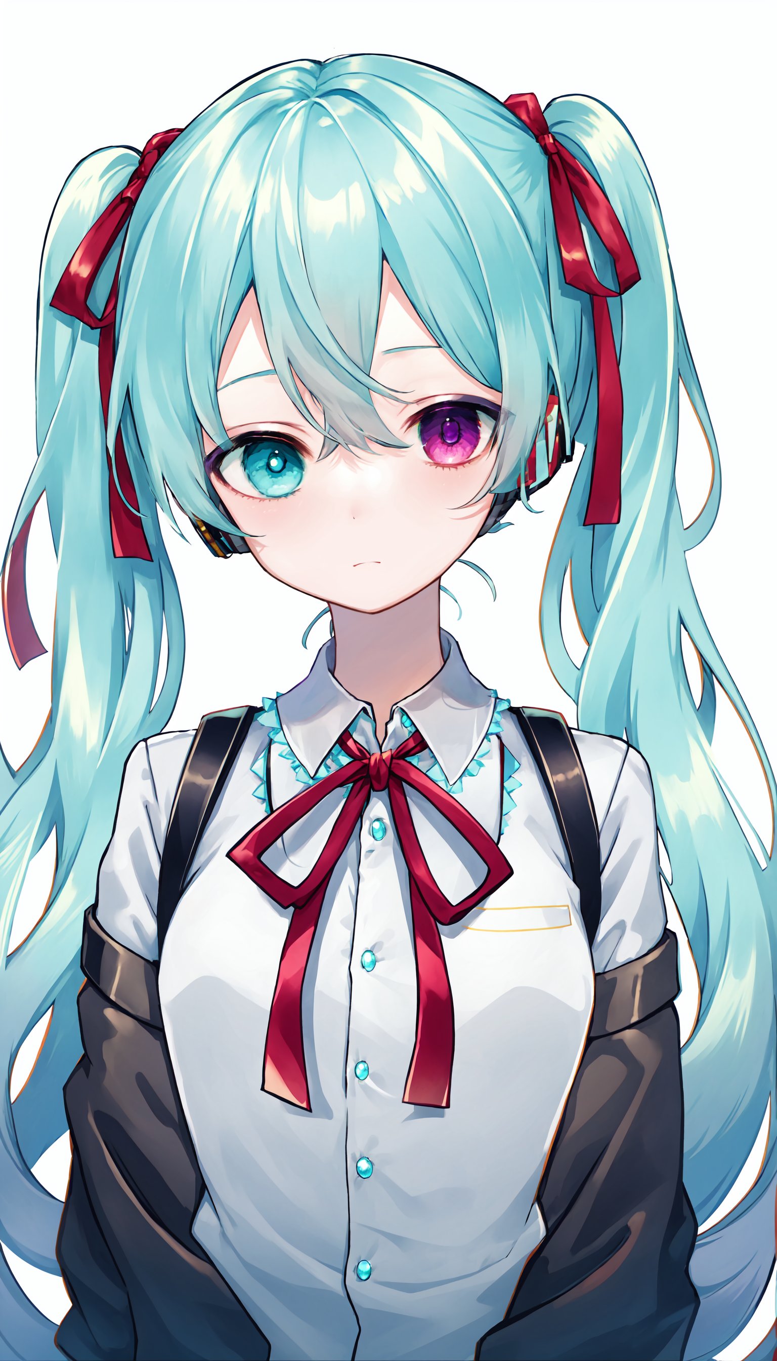 ribbon, 1girl, heterochromia, solo, twintails, long hair, red ribbon, hatsune miku, shirt, neck ribbon, very long hair, hair ribbon, white ribbon, looking at viewer, grey hair, white shirt, upper body, purple eyes, bangs, closed mouth, collared shirt