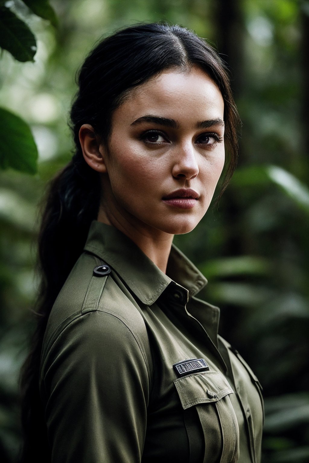 MonicaB_SoloTI_v1,  (In rugged,  tactical gear with a fitted olive-green shirt and cargo pants by Solo on Tensor.Art