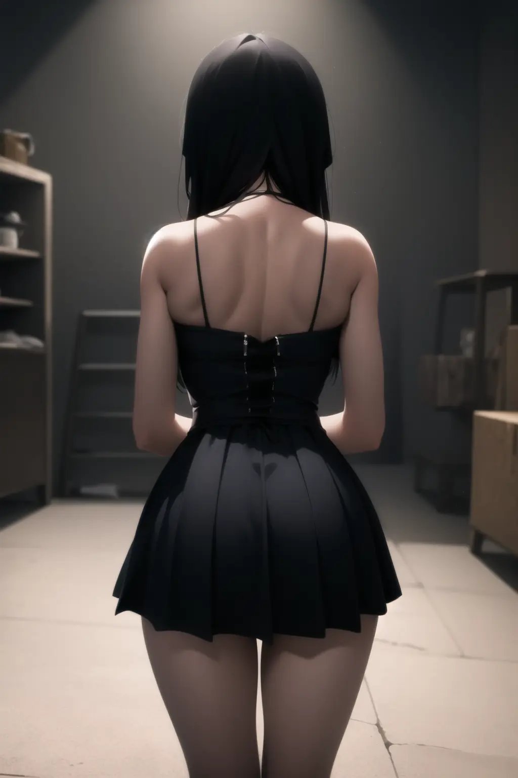 <lora:basement_v0.2:1> basement, 1girl, (dark:1.5), dress, from behind,, masterpiece, best quality, highly detailed