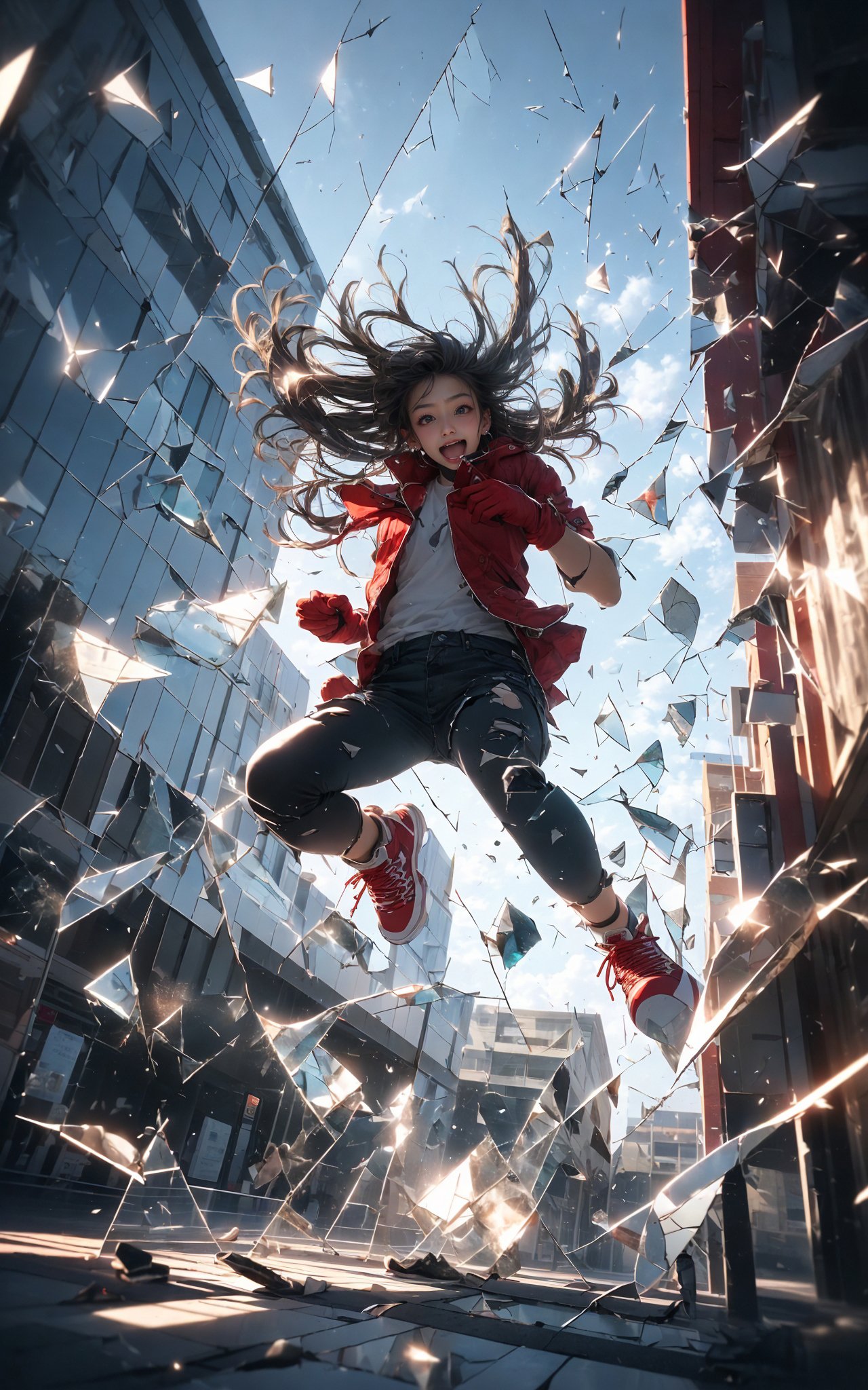 jumping，midair, (1girl, solo:1.2), open mouth, outdoors, building, (broken glass:1.5), shoes, (red gloves:1.3),Glow, reflective glass, light pollution，<lora:绪儿-跳跃构图 jumping:0.8>