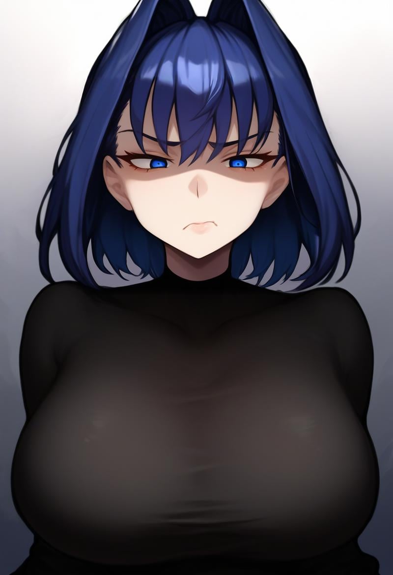 masterpiece,best,great,1girl,solo,large breasts,ambient composition,trmcstyle,(forsaken eyes:1),<lora:TerasuMc_v3_prod_wasabiya:1>,ouro kronii, blue hair, disgust, white background,