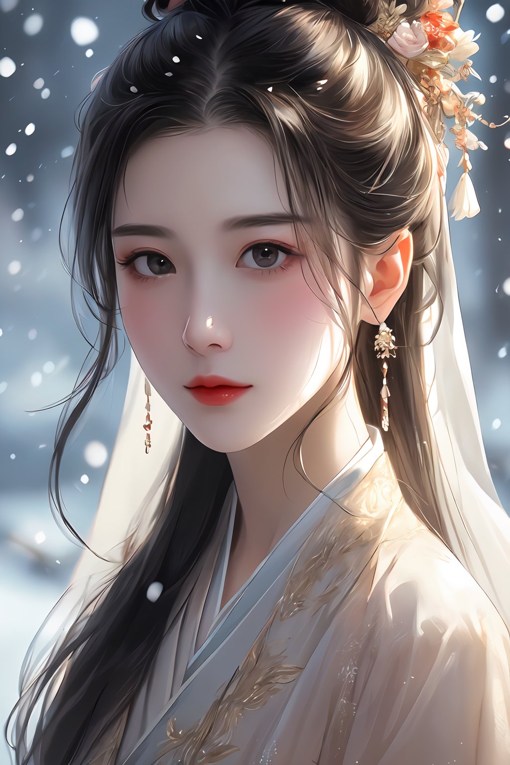 masterpiece,best quality,delicate face,shadow,girl,finery,snowing,