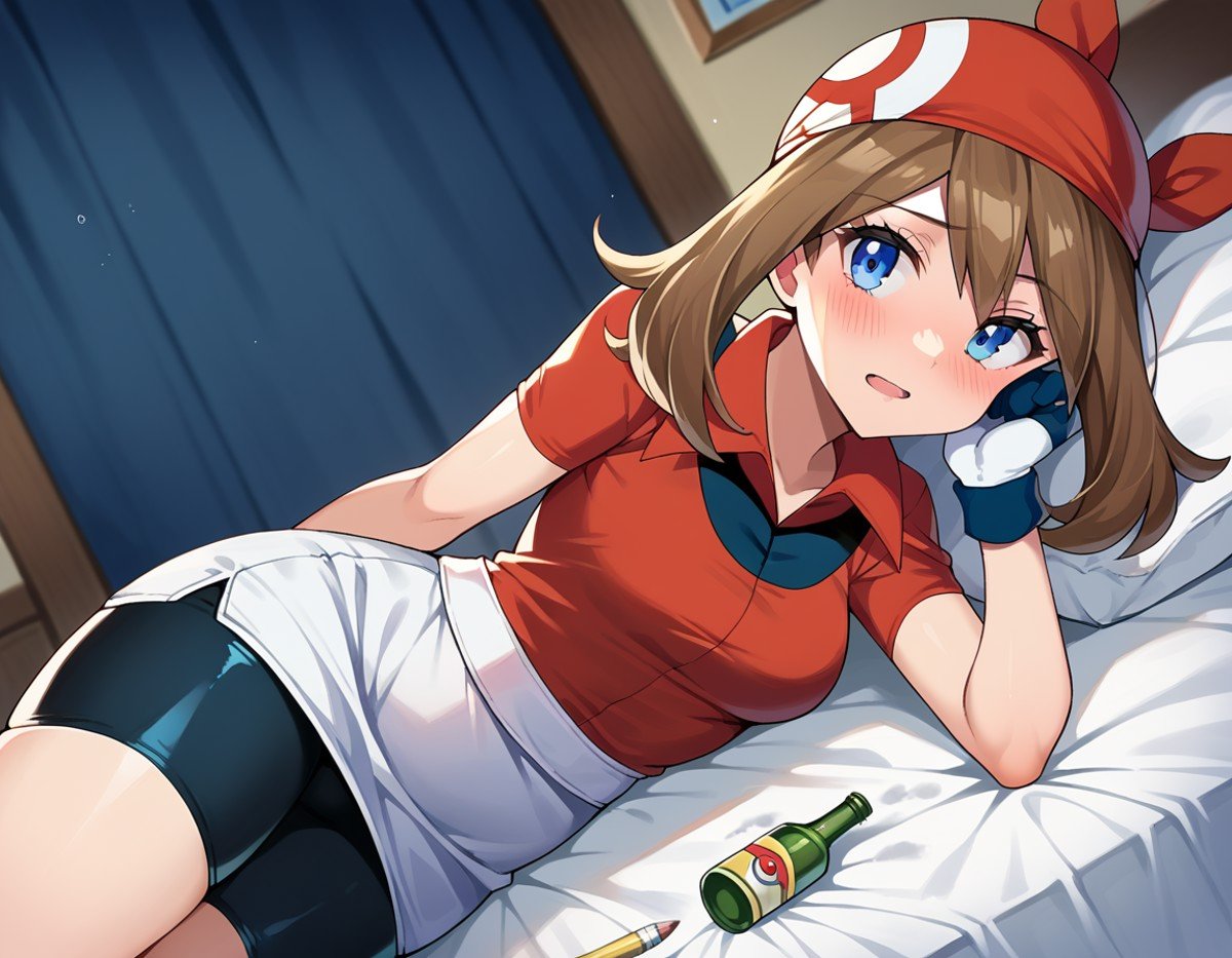 score_9, score_8_up, score_7_up, source_anime,pokemonmay, <lora:pokemon-may-ponyxl-lora-nochekaiser:1>pokemonmay, blue eyes, brown hair, bandana, long hair, red bandana, twintails, hair between eyes,bike shorts, collared shirt, gloves, microskirt, multicolored shirt, pencil skirt, red shirt, shirt, short sleeves, skirt, white skirt,indoors, bed, bed room, on side, blush, drunk,looking at viewer, cowboy shot, dutch angle,