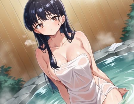 score_9, score_8_up, score_7_up, source_anime, annayamada, <lora:anna-yamada-s2-ponyxl-lora-nochekaiser:1>, anna yamada, long hair, bangs, black hair, brown eyes,nude, naked, outdoors, onsen, towel, naked towel, steam, bathing, nude cover, partially submerged, water, bath, steam censor, wet towel,looking at viewer, cowboy shot, dutch angle,