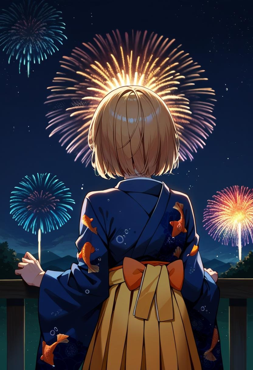 score_9, score_6_up, source_anime, night, fireworks, from behind, 1girl, amelia_newyears, bob cut, blue kimono, fish print, wide sleeves, hakama skirt, yellow skirt,  <lora:watson_amelia_sdxl_pony-000009:1>