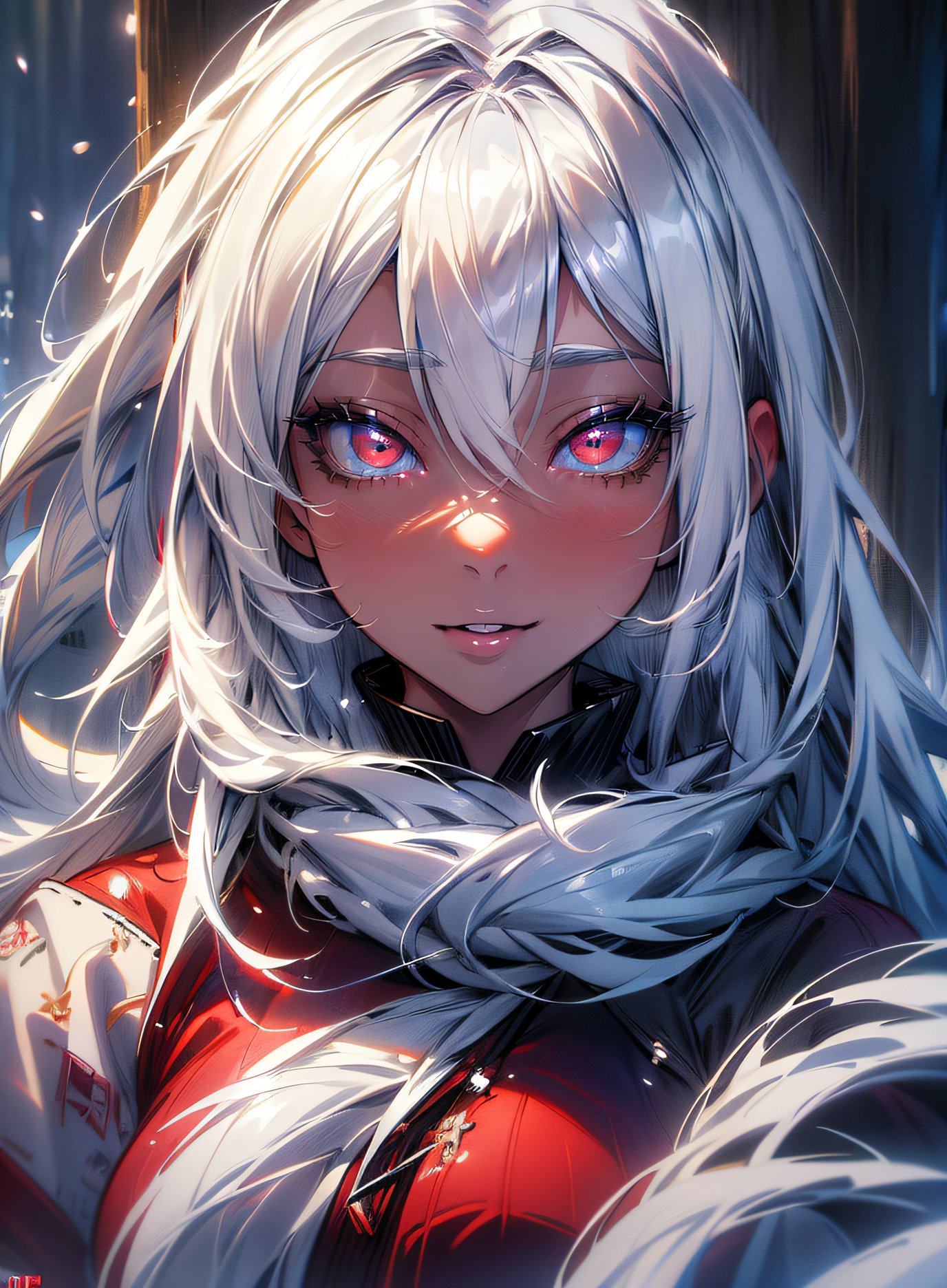 8k, portrait of a tall, white haired sexy woman, fur coat ,red eyes, log cabin, winter, snow, (masterpiece, best quality, hires, high quality, by professional artist, ultra detailed, extremely detailed, absurdres, incredibly resolution:1.2), <lora:add_detail:0.4>, <lora:Elixir:0.2>