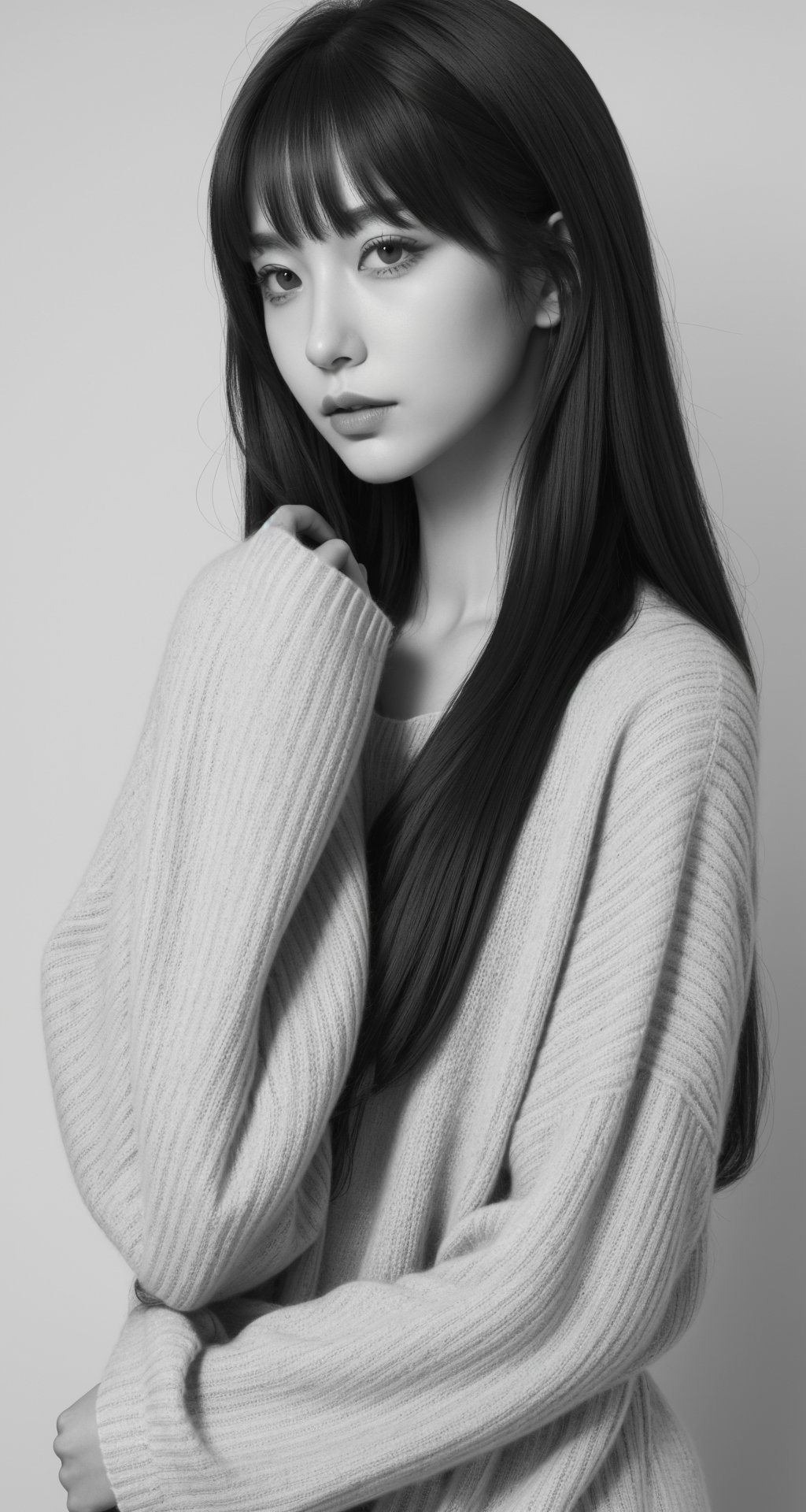 1girl,solo,greyscale,monochrome,looking at viewer,realistic,sleeves past wrists,watermark,lips,bangs,long sleeves,closed mouth,grey background,web address,long hair,upper body,sweater,simple background,nose,,