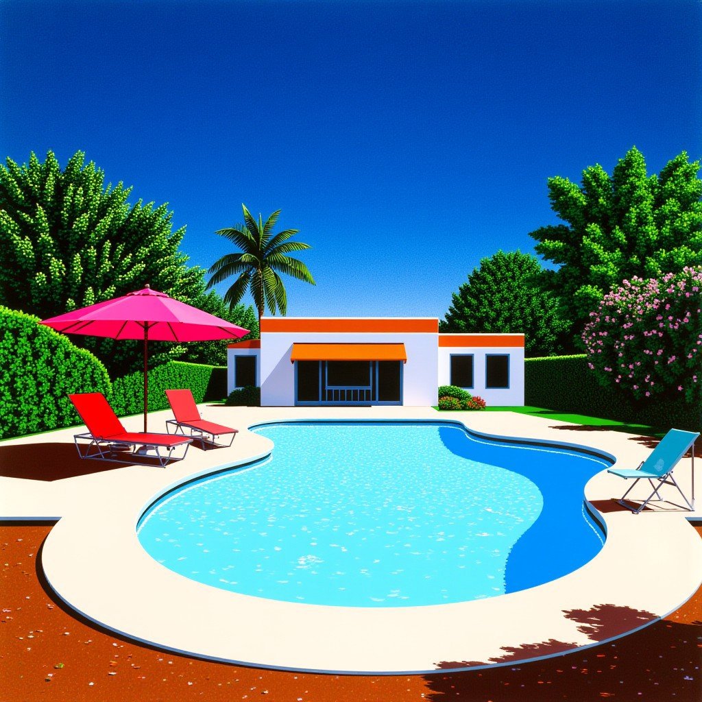 This image is a vibrant, digitally created artwork depicting a serene backyard scene. The central focus is a kidney-shaped swimming pool, its water a light blue hue, reflecting the surrounding environment. A large, bright pink umbrella provides shade to two red lounge chairs placed near the edge of the pool, suggesting a relaxed atmosphere. The pool is bordered by a light-colored concrete deck, with a diving board extending into the pool from the right side. In the background, a modern, single-story house with a flat roof and large windows is partially visible. The house is painted in a simple color scheme of white, with a horizontal orange band running across the top. Surrounding the pool and house, lush green trees create a dense, leafy canopy, their rich green tones contrasting sharply with the deep blue sky overhead. The sky is a gradient from a dark blue at the top to a lighter blue near the horizon, suggesting late afternoon or early evening.The ground around the pool is covered in a mix of grass and brown, sandy patches, adding texture to the scene. The overall style is bold and vibrant, with clean lines and a high level of detail, characteristic of modern digital art.