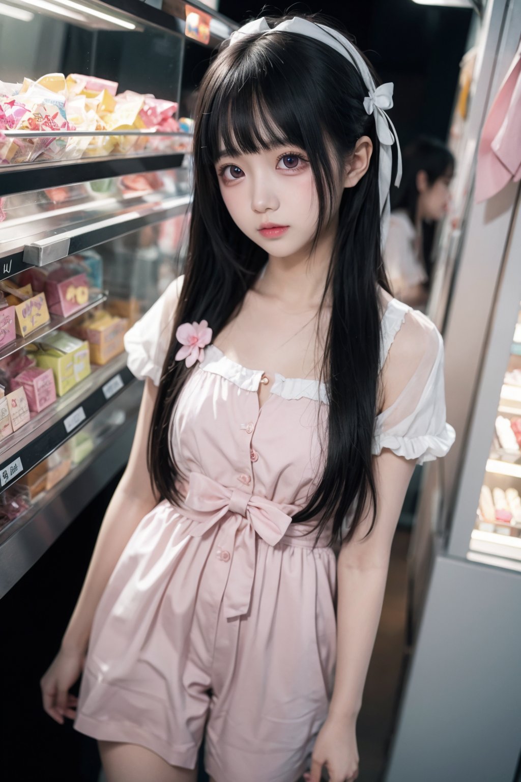 Cute young Japanese girl with long hair in a candy shop,shy,pastel color palette,anime style,detailed eyes,sweet and innocent expression,colorful array of candies,detailed clothing with ribbons and frills,high-quality,anime,pastel colors,sweet and innocent,detailed eyes,candy shop setting,monry in hand,shy demeanor,adorable,atmospheric lighting,wide view,full body shot,, cos,