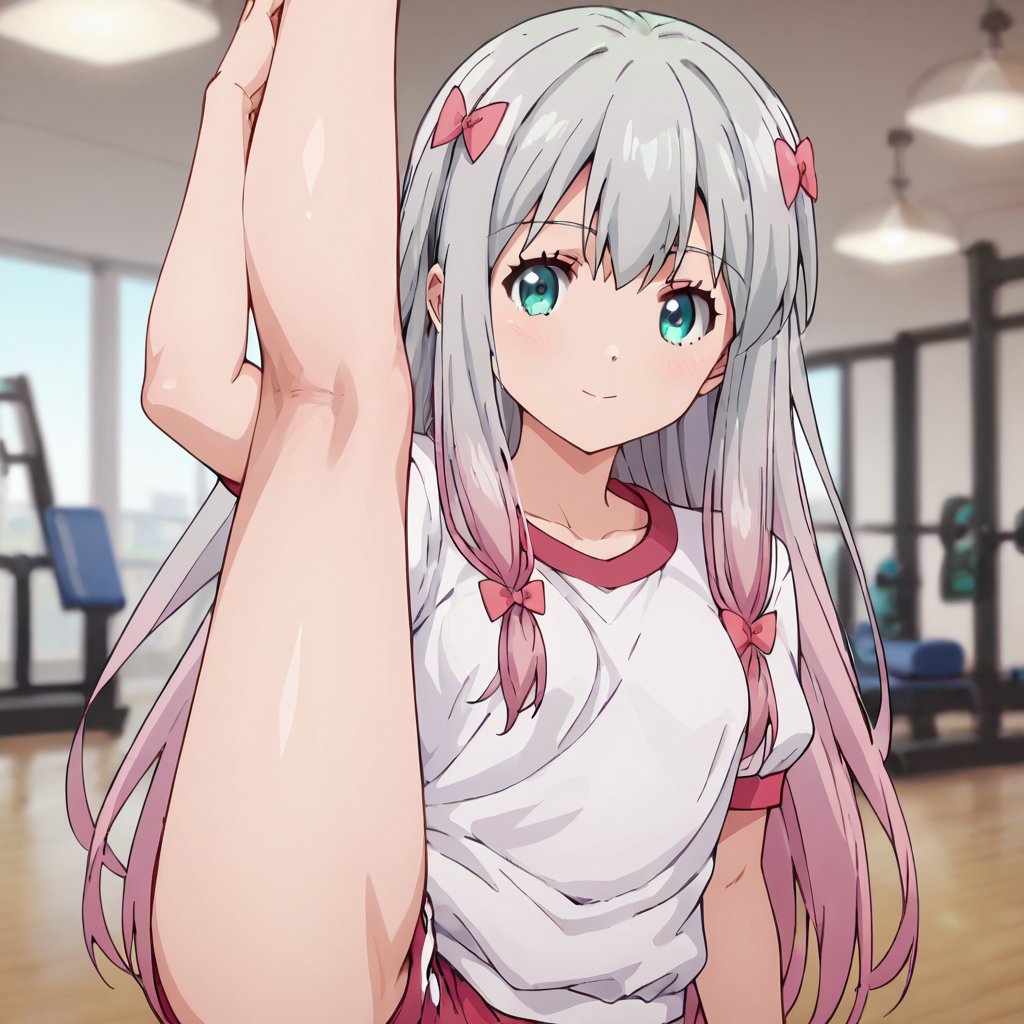 score_9, score_8_up, score_7_up, score_6_up, score_5_up, score_4_up, source_anime,koizumi yogiri, long hair, grey hair, aqua eyes, grey hair, pink hair, multicolored hair,1girl, solo, gym uniform, gym, standing split, looking at viewer,masterpiece, perfect face, best quality, beautiful girl, blurry background, cute girl, beautiful eyes, shiny eyes, anime coloring, anime screencap, absurdres,  <lora:koizumi yogiri nova:0.7>