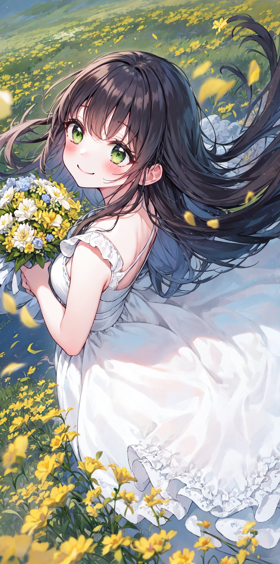 (eye focus, face, close-up:0.3), blush, floating hair, girl holding bouquet, windy, gown, white dress, , frills, bow, dutch angle, wide shot, looking up, hill, (from above, facing up:1.2), (floral background, flower field), side <lora:saturation:-0.1> , smile, perspective, looking_back turning head ((87CEEA:0.69), (66CC00:0.74), (CC0000:0.56):1.2)