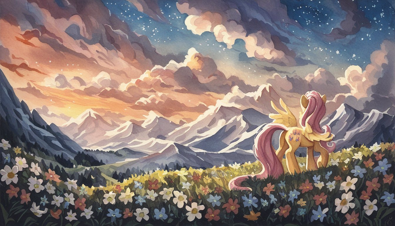 score_9, score_8_up, score_7_up, score_6_up, score_5_up, score_4_up, rating_safe, fluttershy, female, pegasus, pony, solo, cloud, cloudy, flower, g4, mountain, scenery, sky, stars, sunset, wings, looking up, rear view, looking away, watercolor painting, traditional art, detailed, beautiful, <lora:MLP_Watercolor_Painting_v1-000006:1>