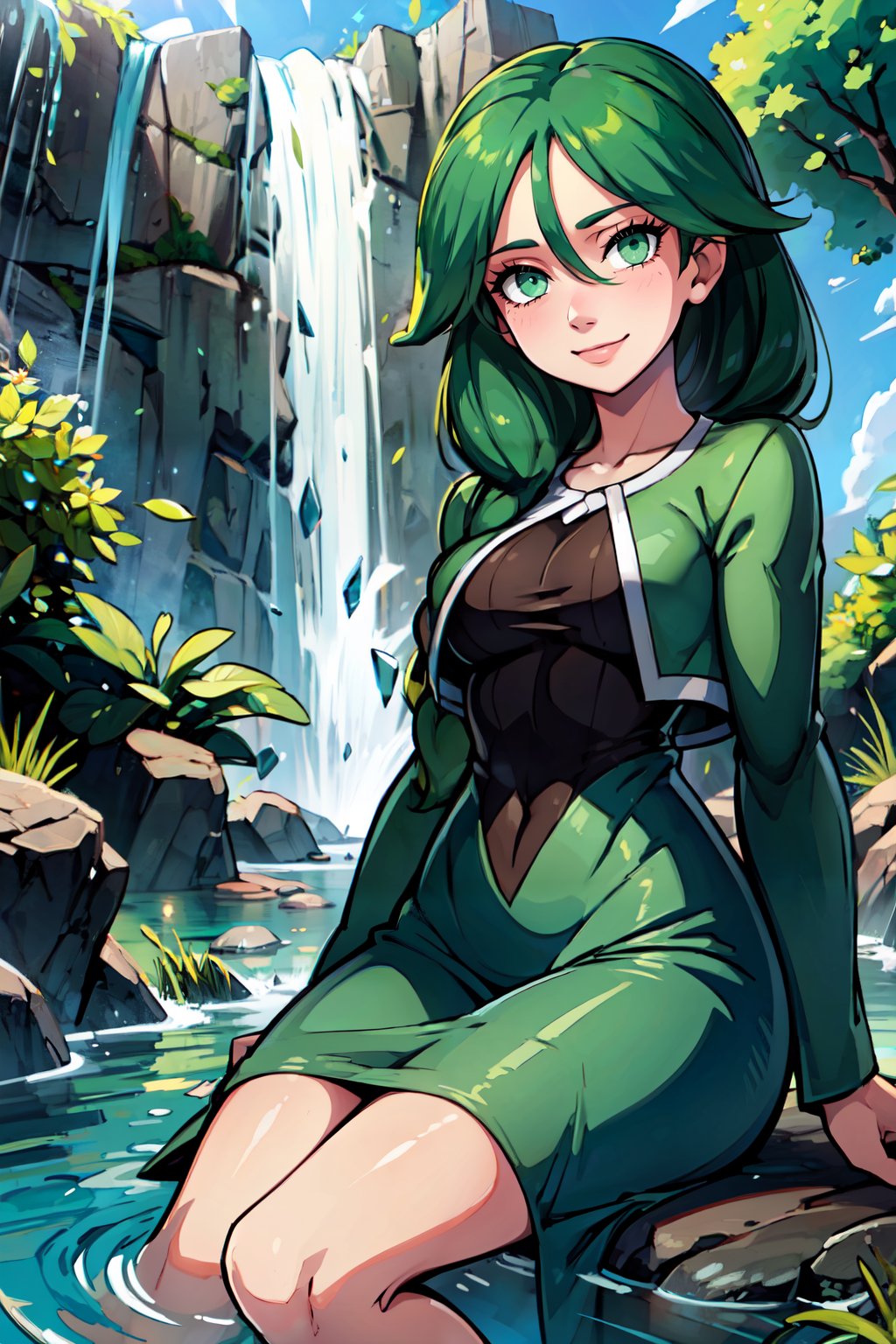 ((masterpiece,best quality)), absurdres,   <lora:Cheryl_Pokemon:0.7>,  cheryl (pokemon), green eyes, single braid, hair over shoulder,  green jacket, long dress,  sitting, water, waterfall, partially submerged,   smile, looking at viewer,