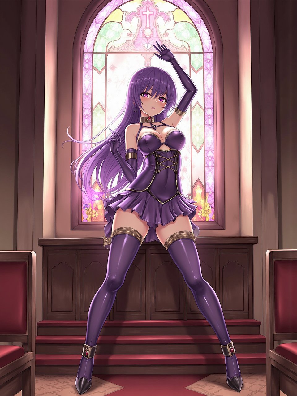 in church,  colorful window,  sunlight, nero claudius \(fate\),  purple long hair,  magical girl,  see-through miniskirt, 1girl is wearing  latex dress, gold trim,  elbow gloves,  pantyhose, standing, spread legs, arm up, double v,  see-through,  side-tie, cameltoe, micro panties,  underboob,  clothing cutout, thigh boots with high heels, covered nipples, covered navel, corset, shiny skin,  rgb rings, star \(symbol\),  earrings, heart-shaped pupils, colorful gems,  <lora:hakaba768:0.72>