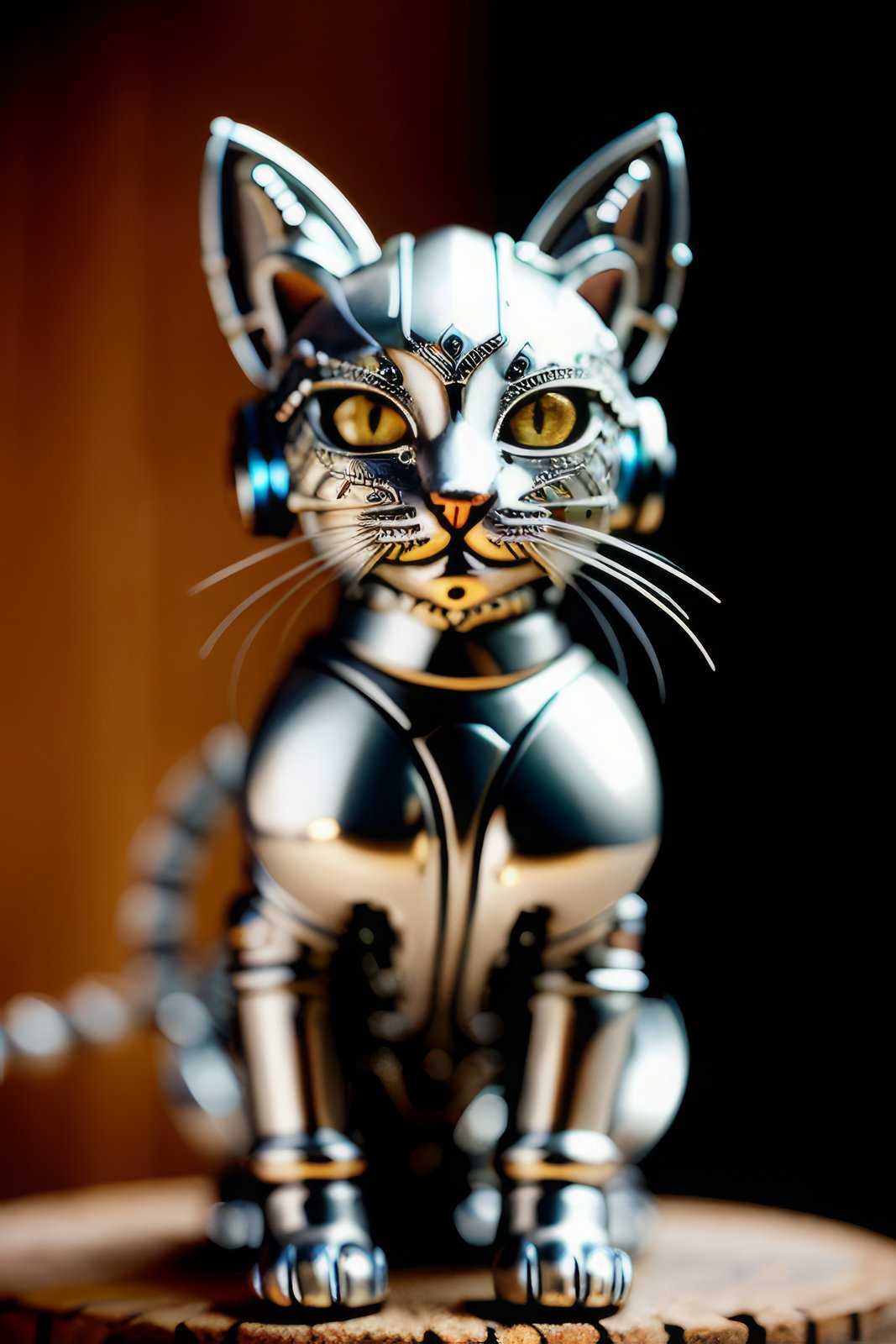 a cute kitten made out of metal, (cyborg:1.1), ([tail | detailed wire]:1.3), (intricate details), hdr, (intricate details, hyperdetailed:1.2), cinematic shot, vignette, centered, <lora:epiNoiseoffset_v2Pynoise:1.6>,