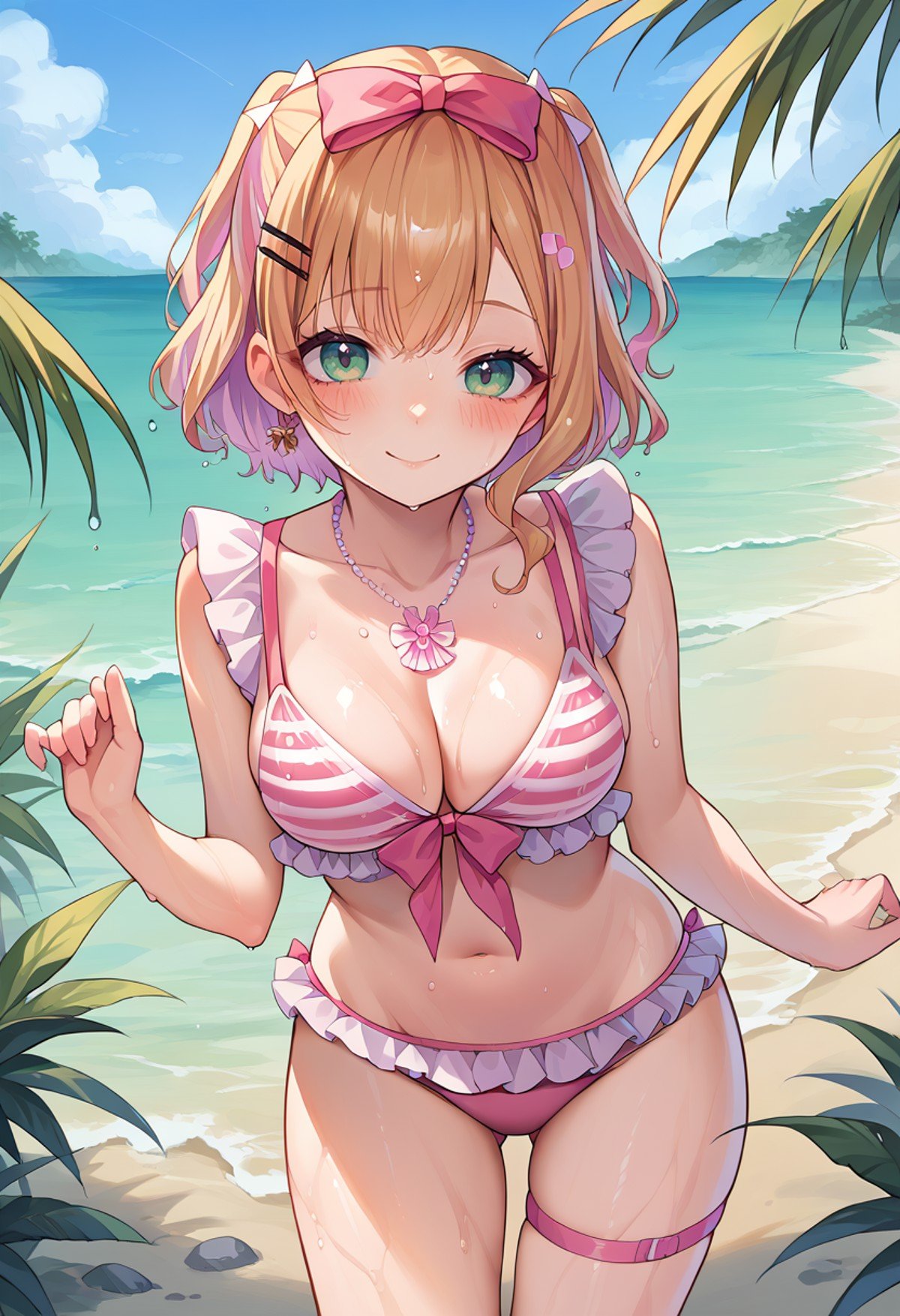 score_9, score_8_up, source_anime, 1girl, solo, NoahSummer, short hair, two side up, hairclip, hair bow, necklace, pink bikini, frilled bikini, striped bikini, pink thigh strap, outdoors, beach, smile, blush, wet, <lora:ChamKurumiNoahPonyXL:1>