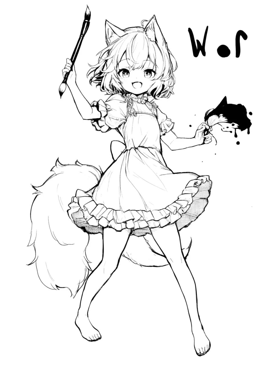 1girl,    inkstyle, monochrome, greyscale, silhouette, greyscale, (white background:1.2), loli, tail, wolf, dress, solo, frills, full body, barefoot, short hair, holding, simple background, frilled dress, calligraphy brush, short sleeves, holding calligraphy brush, holding paintbrush, animal ear fluff, smile, toes, wolf ears, animal ears, :d, paintbrush, wolf tail, looking at viewer, open mouth, masterpiece, newest, absurdres, safe <lora:inkstyle:1>