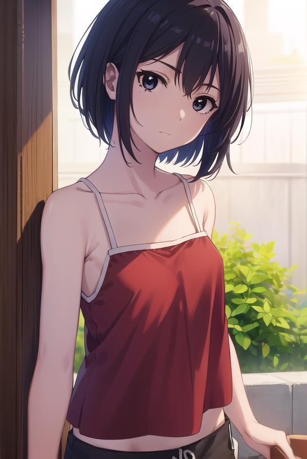 keikosanjou, <lora:keiko sanjou s1-lora-nochekaiser:1>,keiko sanjou, short hair, black hair, (black eyes:1.5),BREAK shorts, black shorts, camisole, bare shoulders, collarbone, (red camisole:1.5),BREAK outdoors, shrine,BREAK looking at viewer, (cowboy shot:1.5),BREAK <lyco:GoodHands-beta2:1>, (masterpiece:1.2), best quality, high resolution, unity 8k wallpaper, (illustration:0.8), (beautiful detailed eyes:1.6), extremely detailed face, perfect lighting, extremely detailed CG, (perfect hands, perfect anatomy),