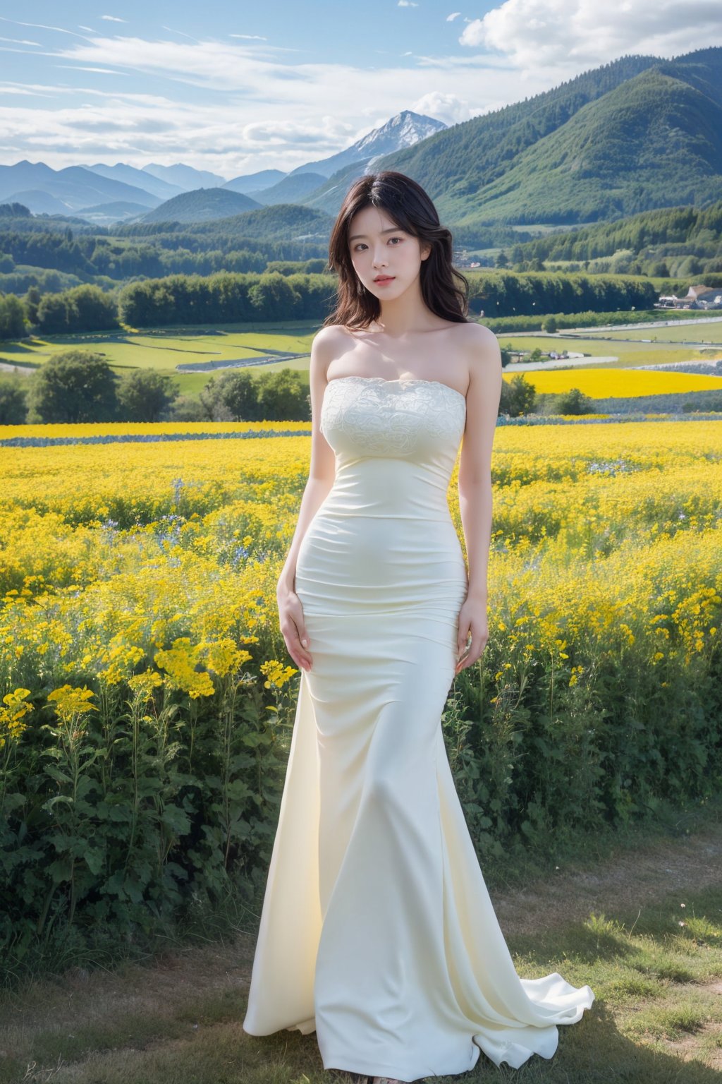 Realistic,(masterpiece:1.2),best quality,8K,HDR,RAW,1girl,(Black hair,delicate girl),((solo)),(Spring scenery, mountains in the distance, beautiful clouds, rape flower fields),huge breasts,standing,full body,(Looking at the audience),<lora:add_detail:0.6>,<lora:GoodHands-beta2:1>,<lora:ENNE 白色无肩带连衣短裙_v09:1>,strapless dress,