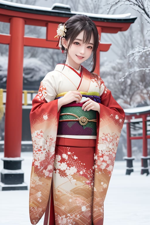 highres, ultra detailed, (best quality:1.2), very high resolution, refraction, full color, 1girl,smile, <lora:furisode-000016:1>furisode, winter background, torii