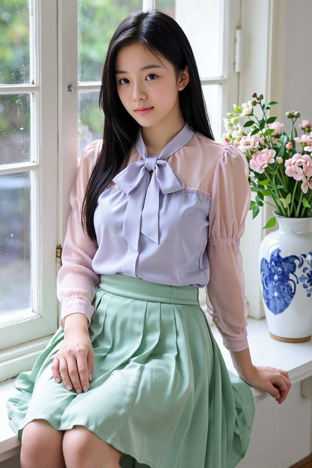 This is a high-resolution photograph of an East Asian woman with long,  straight black hair cascading over her shoulders....