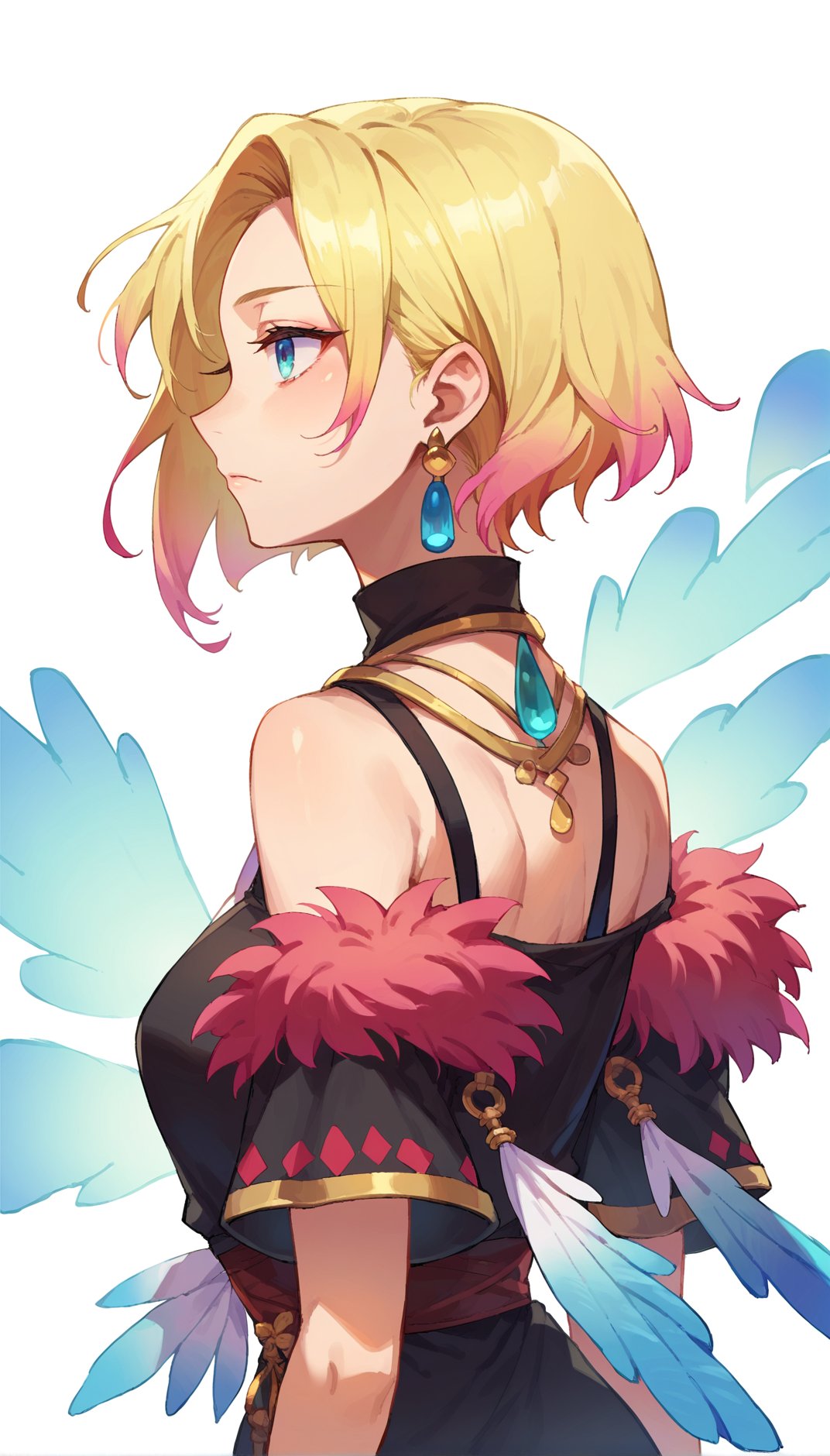 score_9, score_8_up, score_7_up, score_6_up, score_5_up, score_4_up, source anime, 1girl, feather trim, solo, jewelry, blonde hair, earrings, multicolored hair, gradient hair, short hair, upper body, whorled clouds,