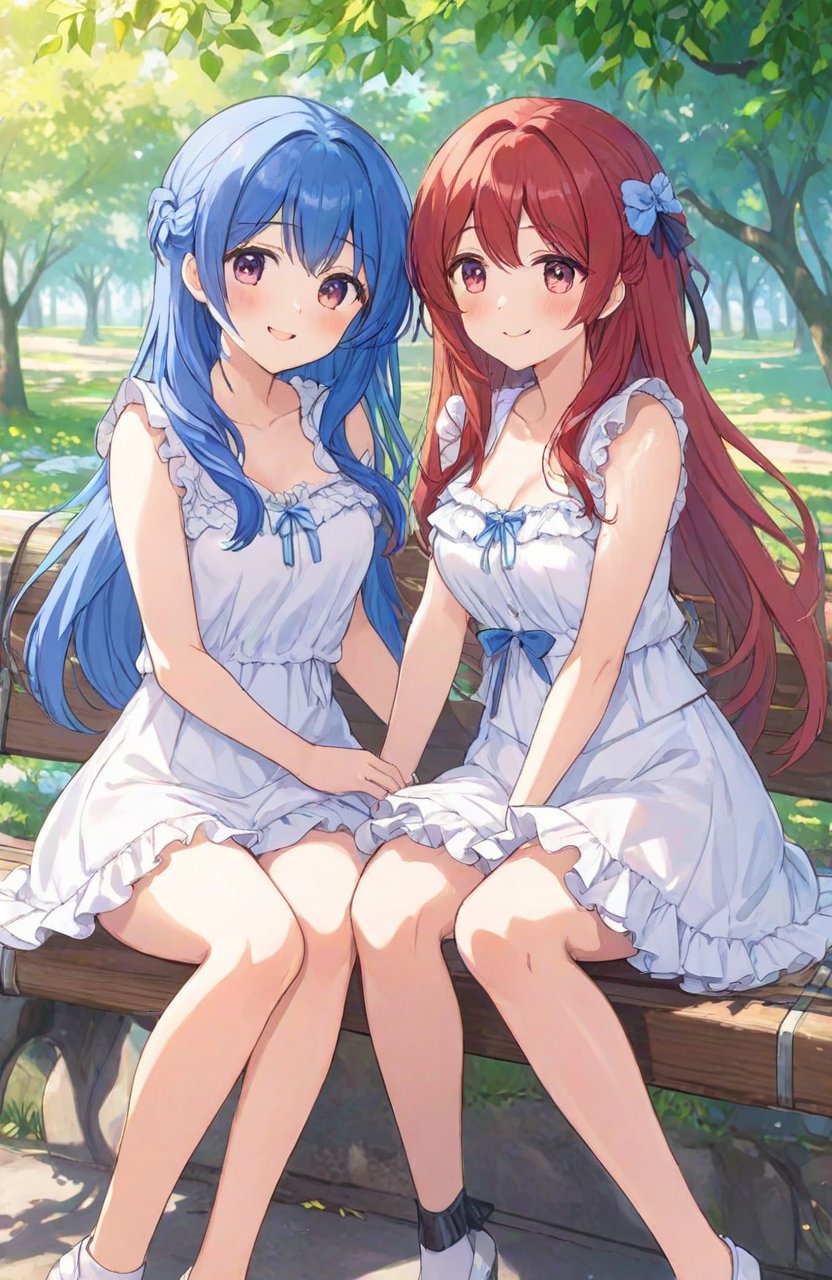 masterpiece,best quality,2girls,yuri,girls_love,good-looking white Cloths,frill,medium breasts,red hair,blue hair,park,midday,sunny,long hair,sitting on benchi,delicate_features,pretty_face,smiling,pure,lovely,looking at each other,