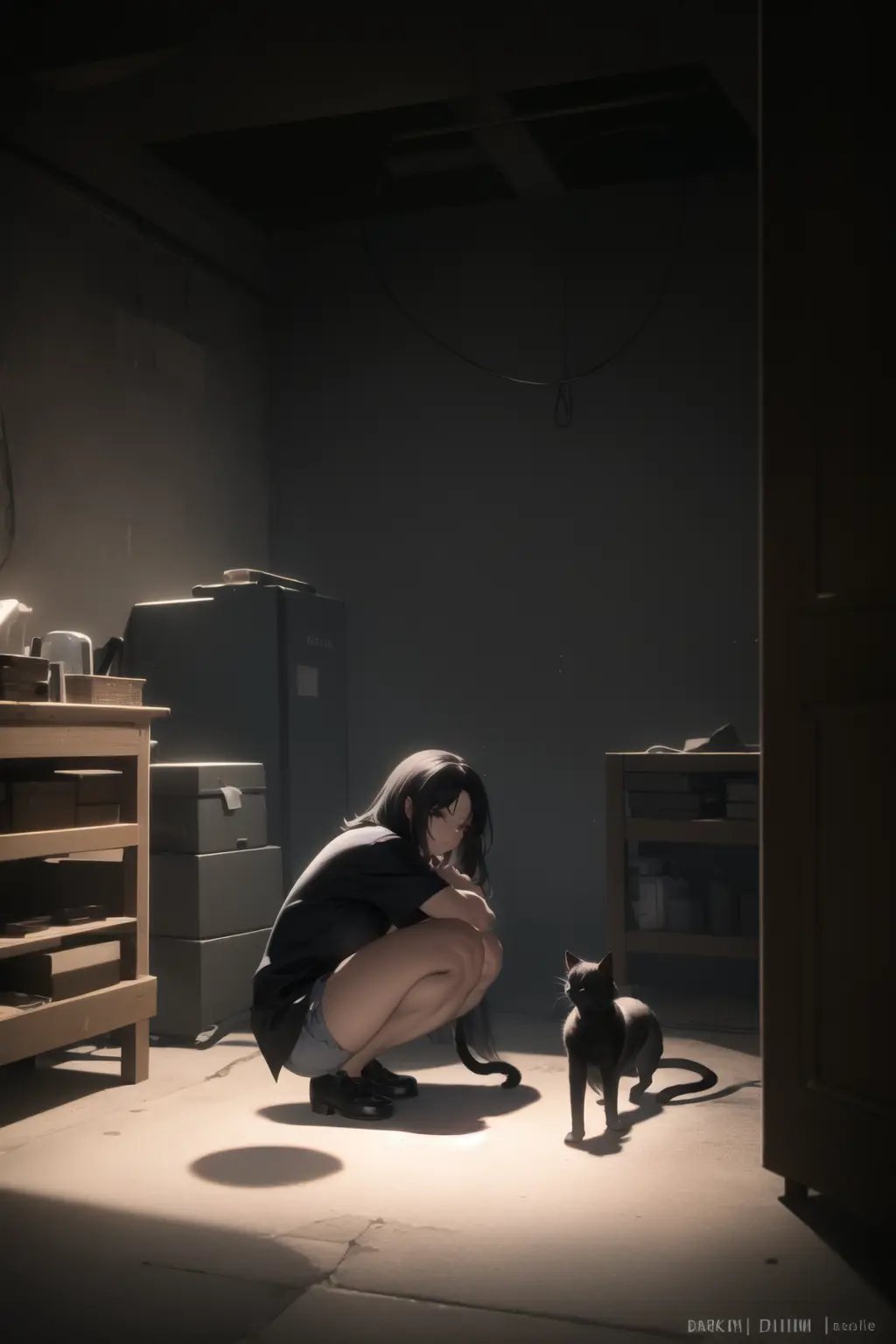 <lora:basement_v0.2:1> basement, 1girl, (dark:1.5), ladder, squatting, dimly lit, shadow, cat,, masterpiece, best quality, highly detailed