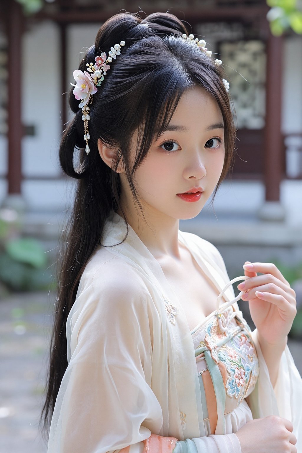 A young East Asian woman,  appearing to be in her late teens or early twenties,  is the central subject of the image. She...